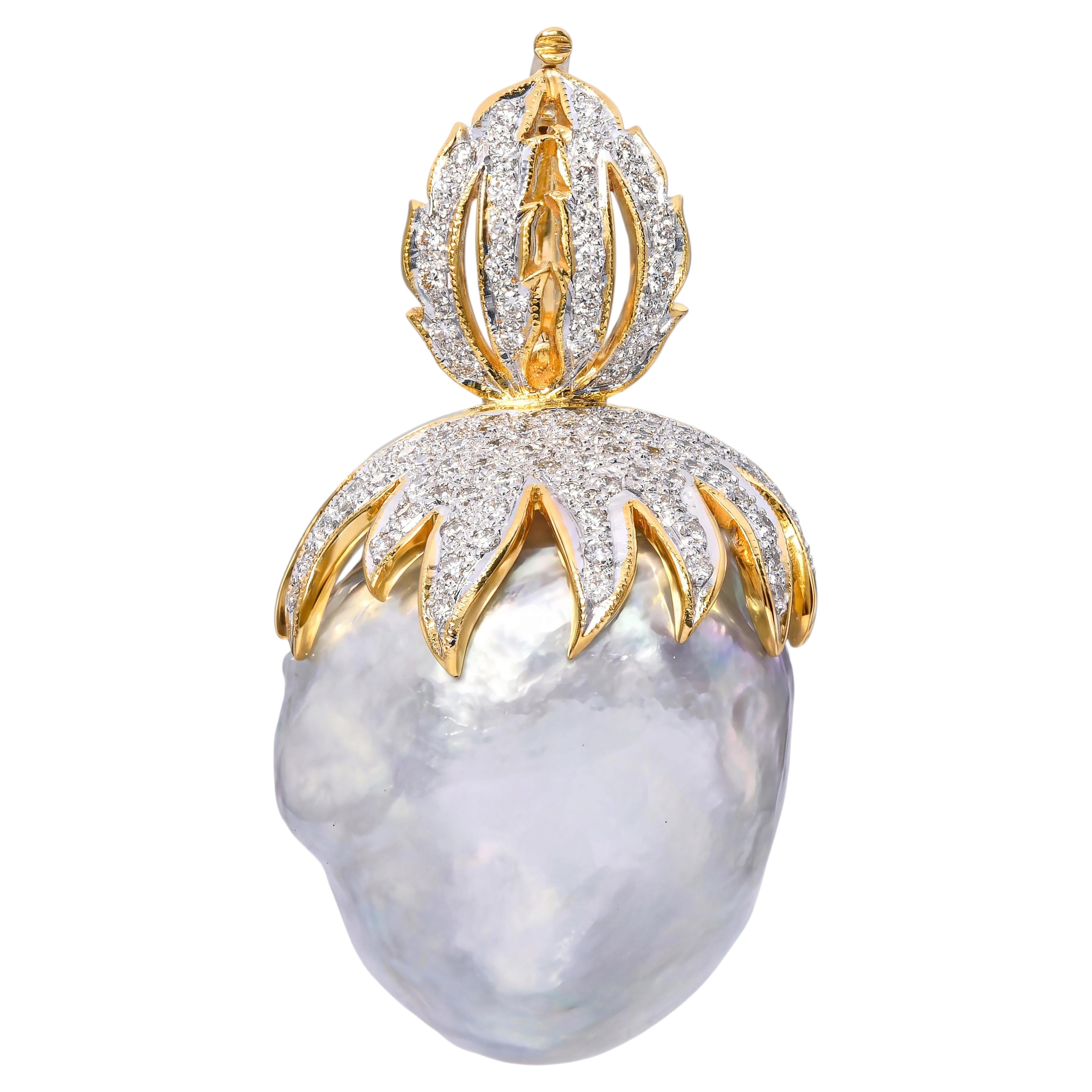 18k Yellow Gold Jumbo Grey Baroque South Sea Pearl and Diamond Pendant