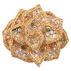 18K Yellow Gold Kamea Clip on Tie or Brooch with Diamonds and Emeralds