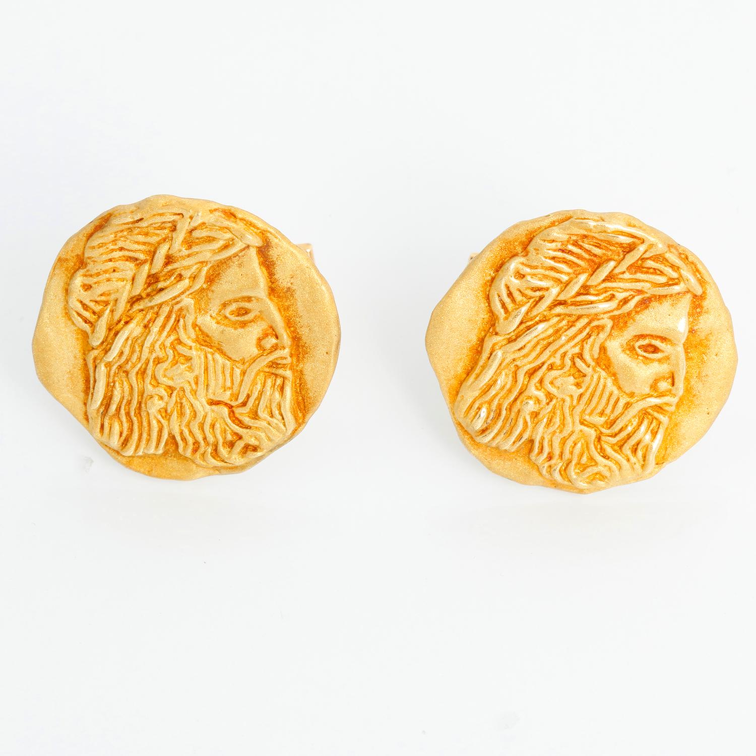 18K Yellow Gold King Midas Cufflinks  - 18K Yellow gold coin with the face of King Midas. Diameter 24 mm. Pre-owned with custom box .