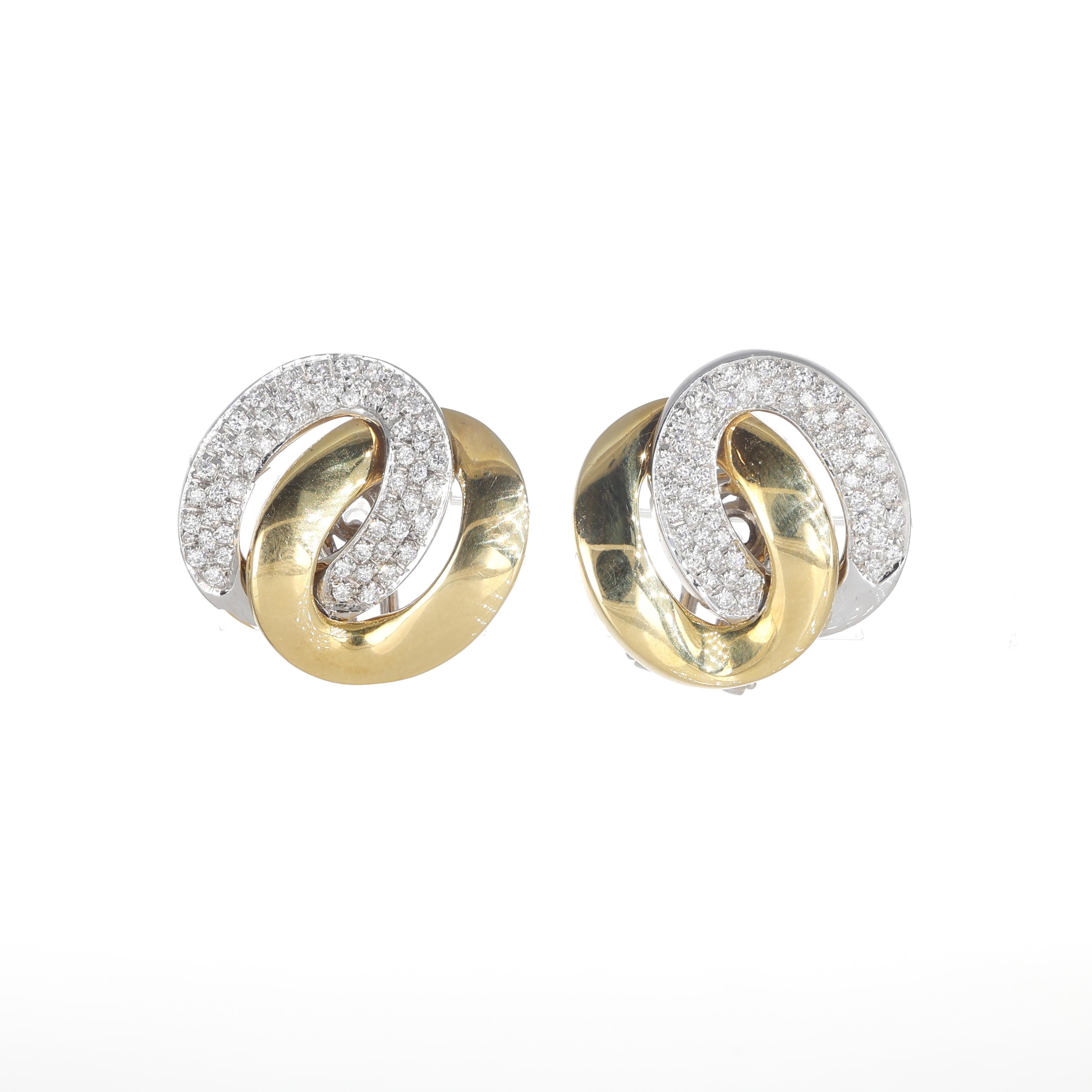 A refined interplay of curves and contrast, these knot-inspired earrings are crafted in 18K yellow gold and adorned with a pavé of brilliant-cut diamonds. The polished gold loops intertwine with diamond-set sections, creating a sophisticated balance