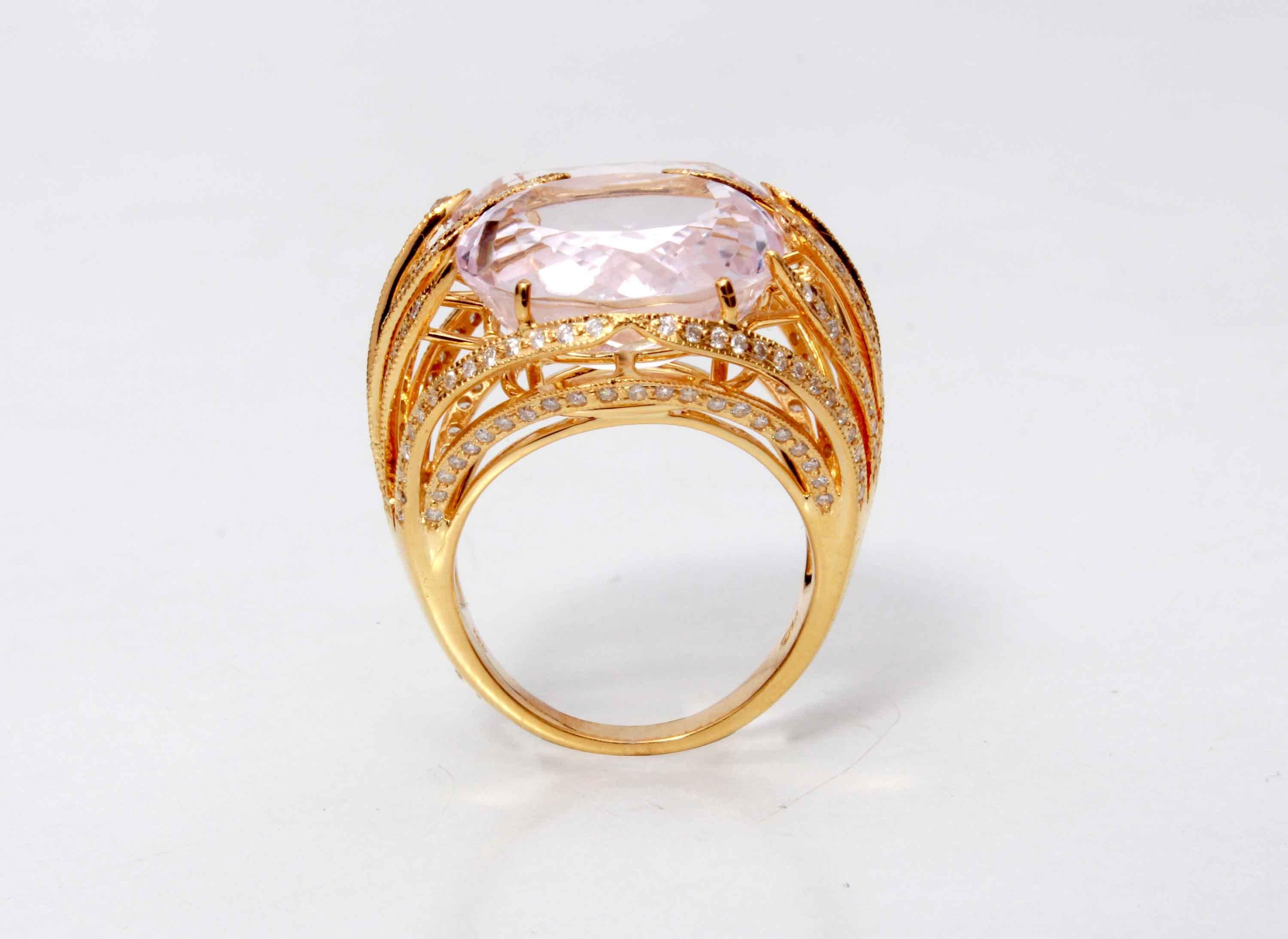 Modern 18 Karat Yellow Gold Kunzite and Diamond Ring For Sale