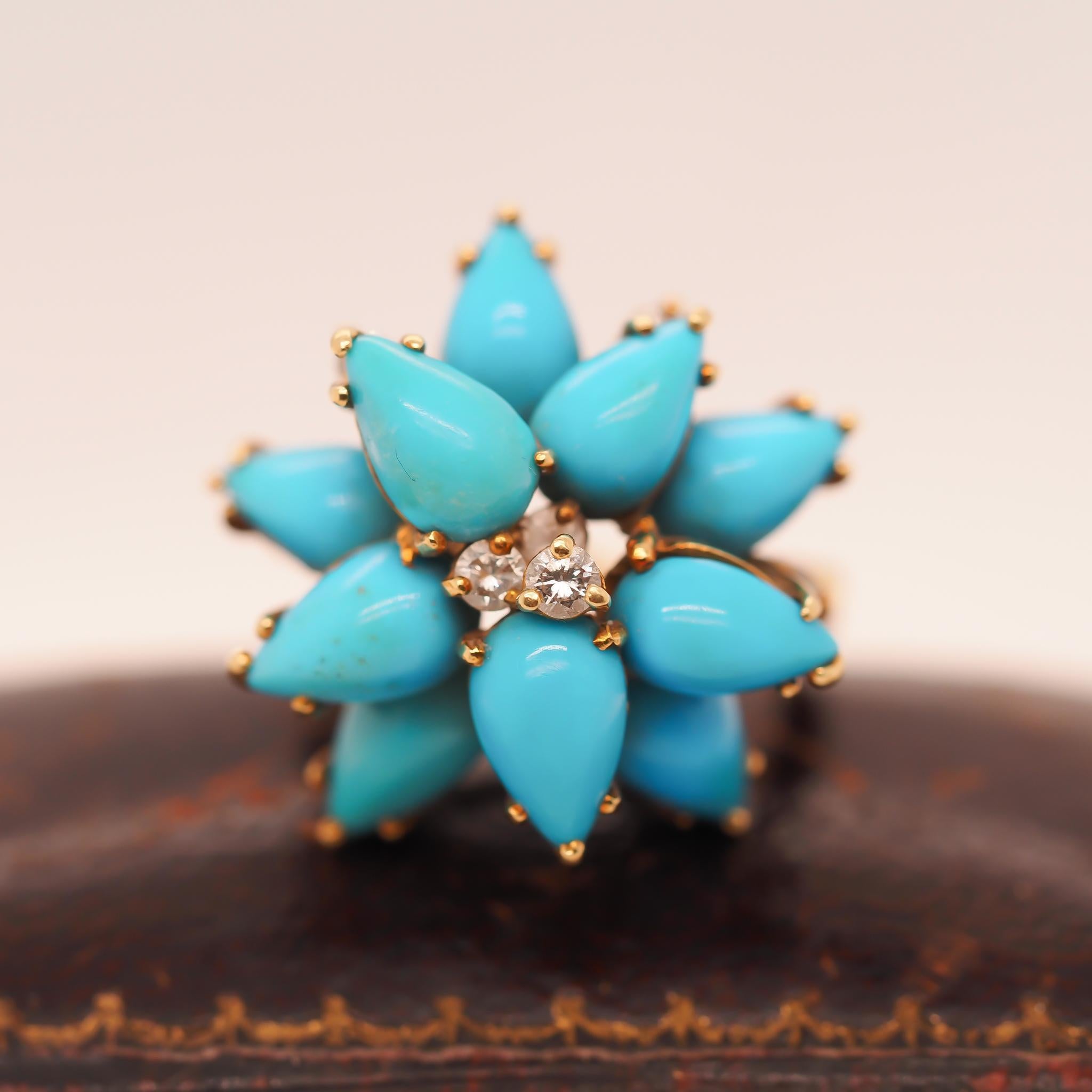 Year: 1990s
Item Details:
Ring Size: 5.5 (Sizable)
Metal Type: 18K Yellow Gold [Hallmarked, and Tested]
Weight: 9.5 grams
Diamond Details: .15ct total weight, F-G Color, VS Clarity, Round Brilliant, Natural Diamonds
Turquoise Details: Pear shape,