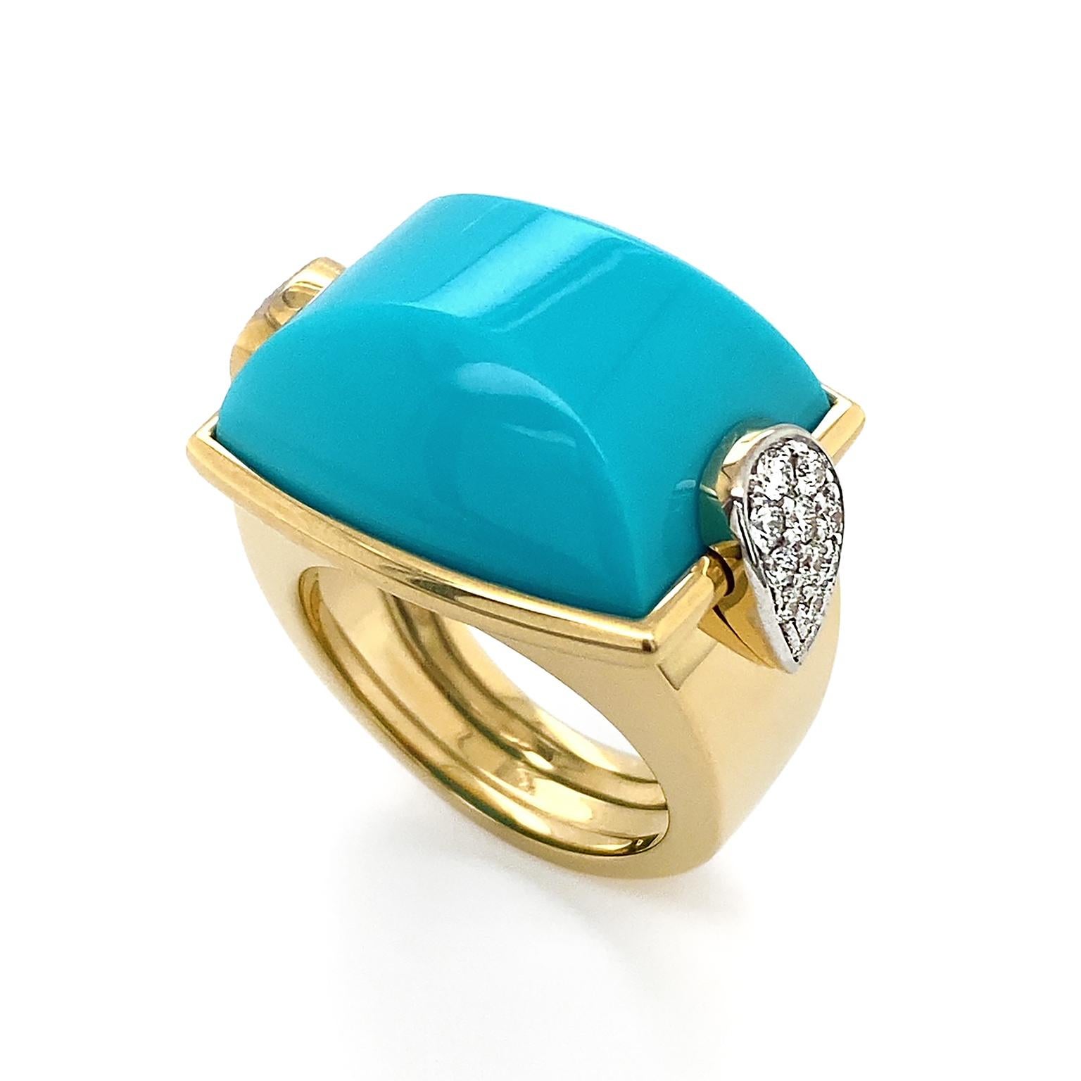 The natural radiance of turquoise is the spotlight of this diamond-accented La Vallette ring. Carved in a cushion, the prized color of turquoise is displayed. Sleeping Beauty Turquoise has become a scarce gem due to low supply, yet remains a