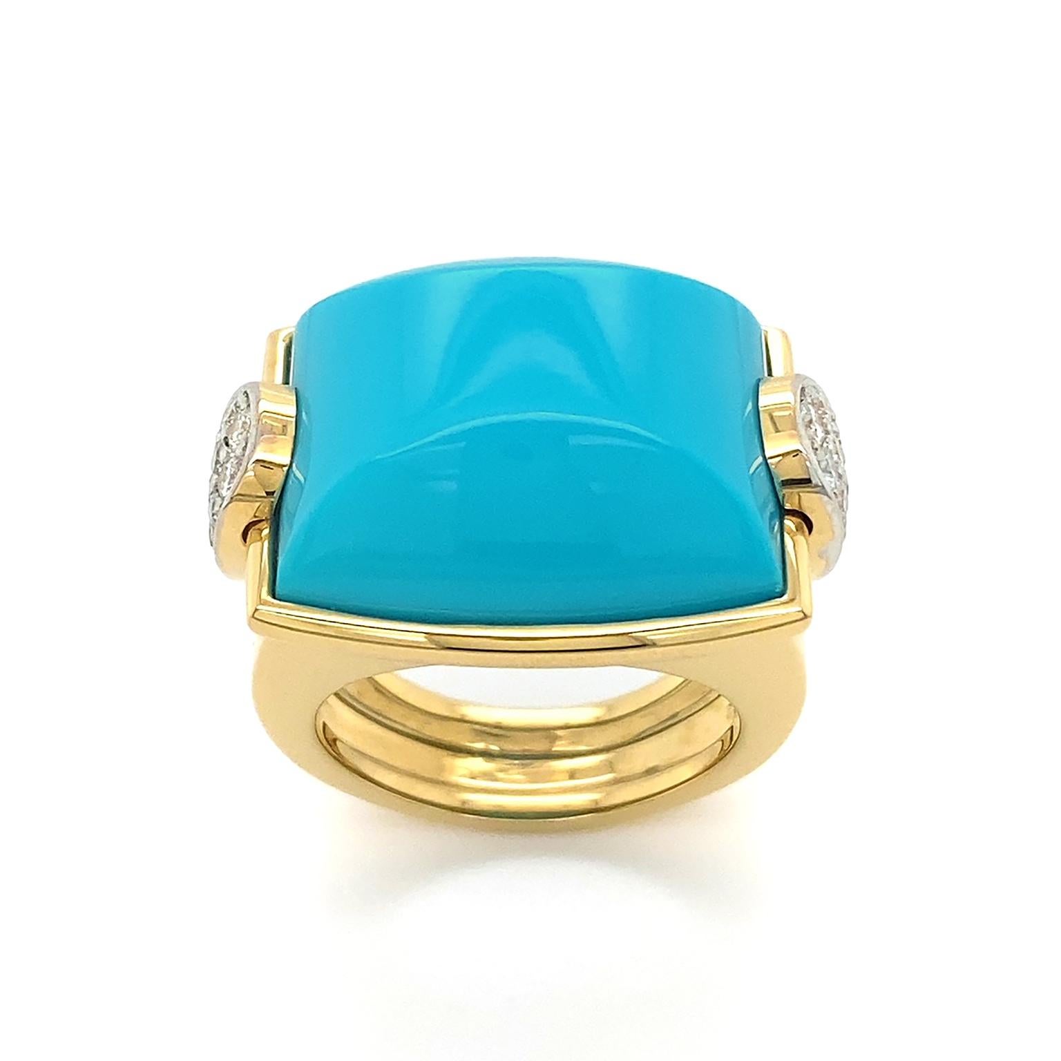 18K Yellow Gold La Vallette Turquoise Diamond Ring In New Condition For Sale In New York, NY