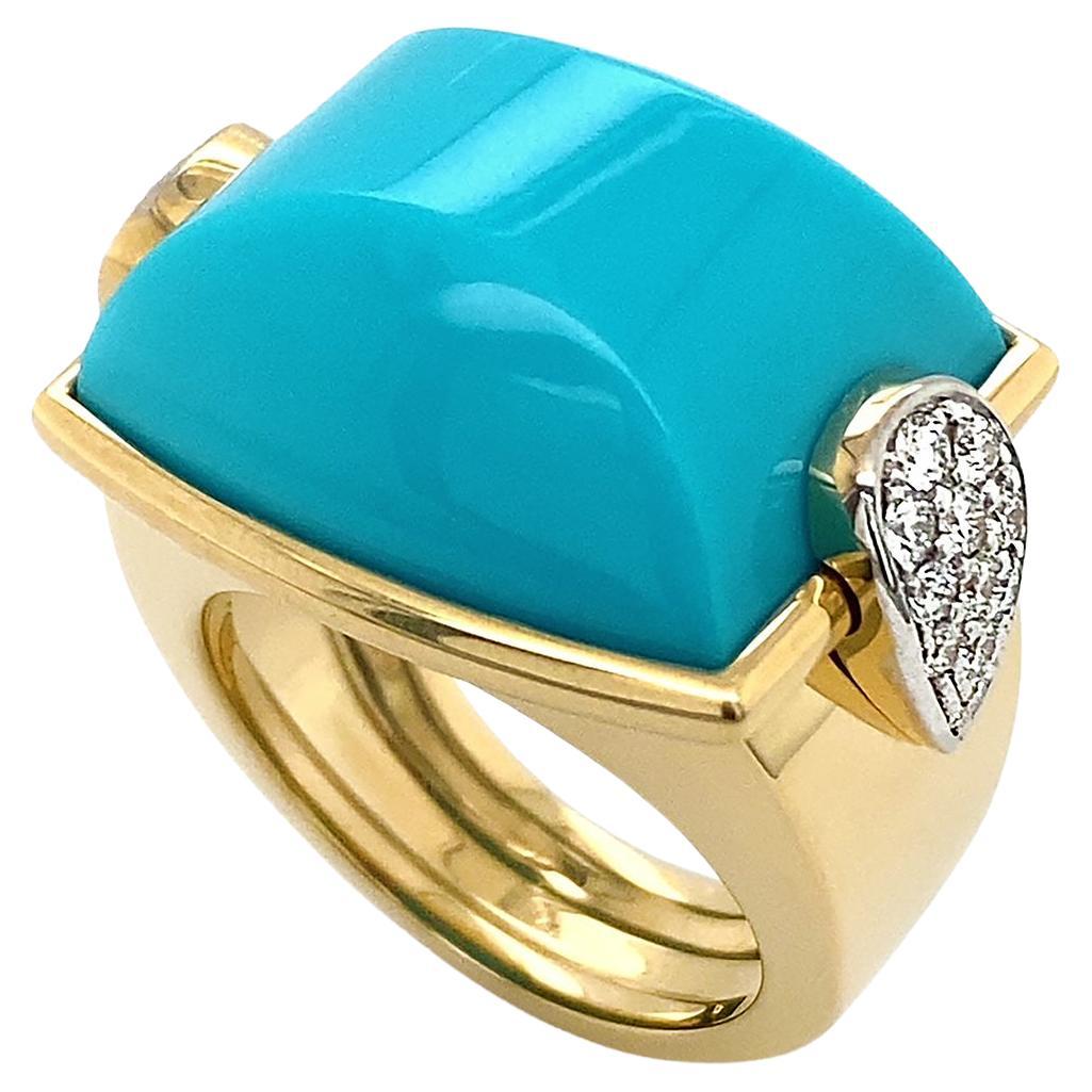18K Yellow Gold La Vallette Turquoise Diamond Ring For Sale