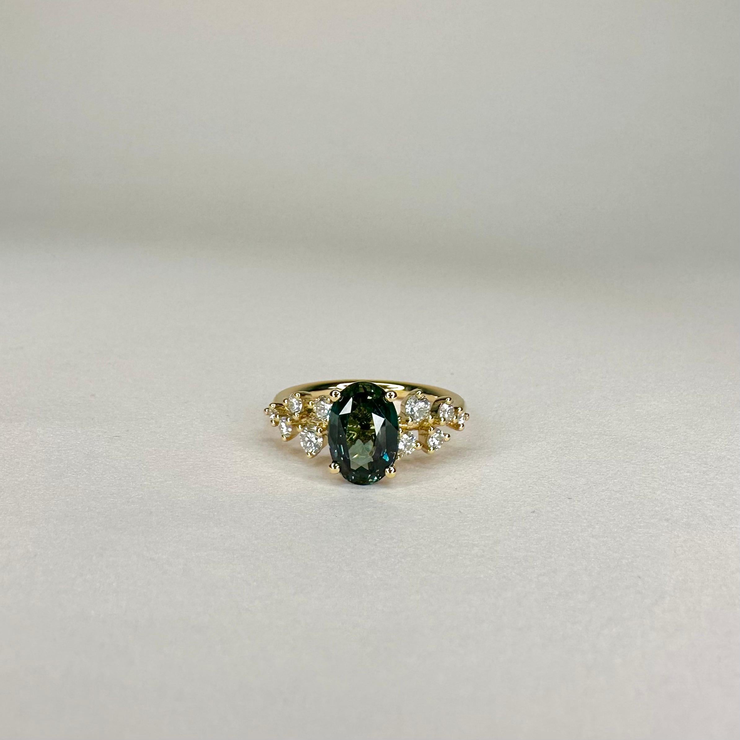 Im Angebot: 2,08 Karat Blau-Grün Saphir Ring 18K Gelbgold 0,37 Karat Diamanten () 4