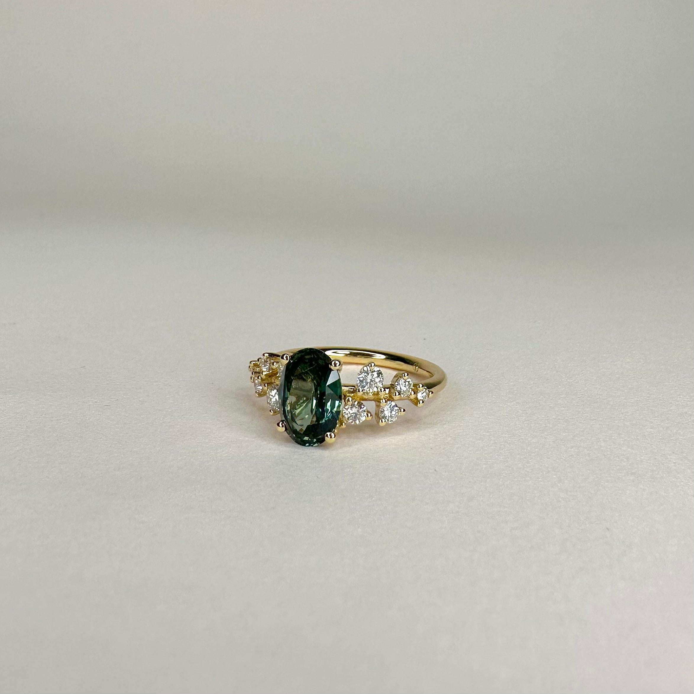 Im Angebot: 2,08 Karat Blau-Grün Saphir Ring 18K Gelbgold 0,37 Karat Diamanten () 5