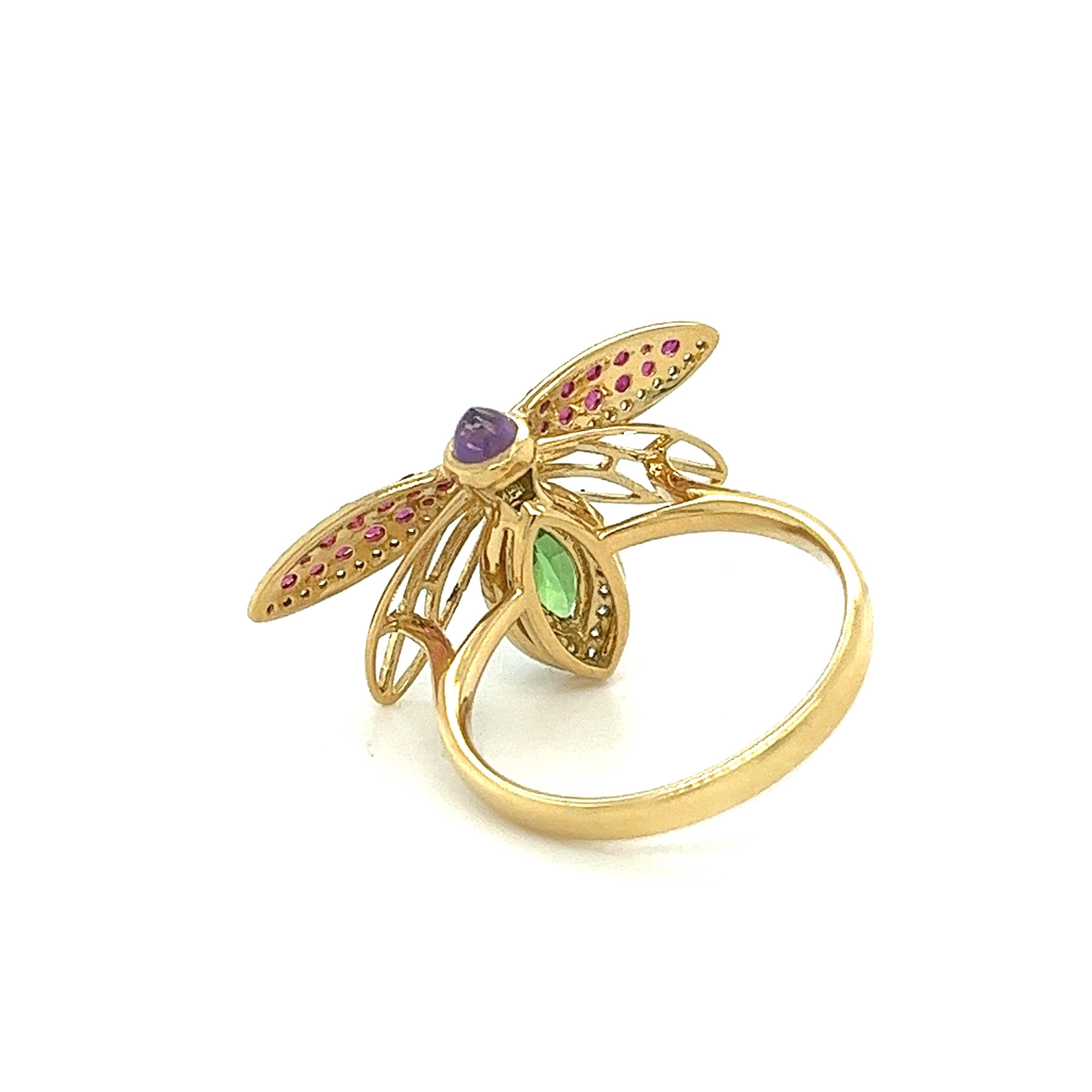 Modern 18K Yellow Gold Ladybug Ring with Diamonds & Rubies For Sale