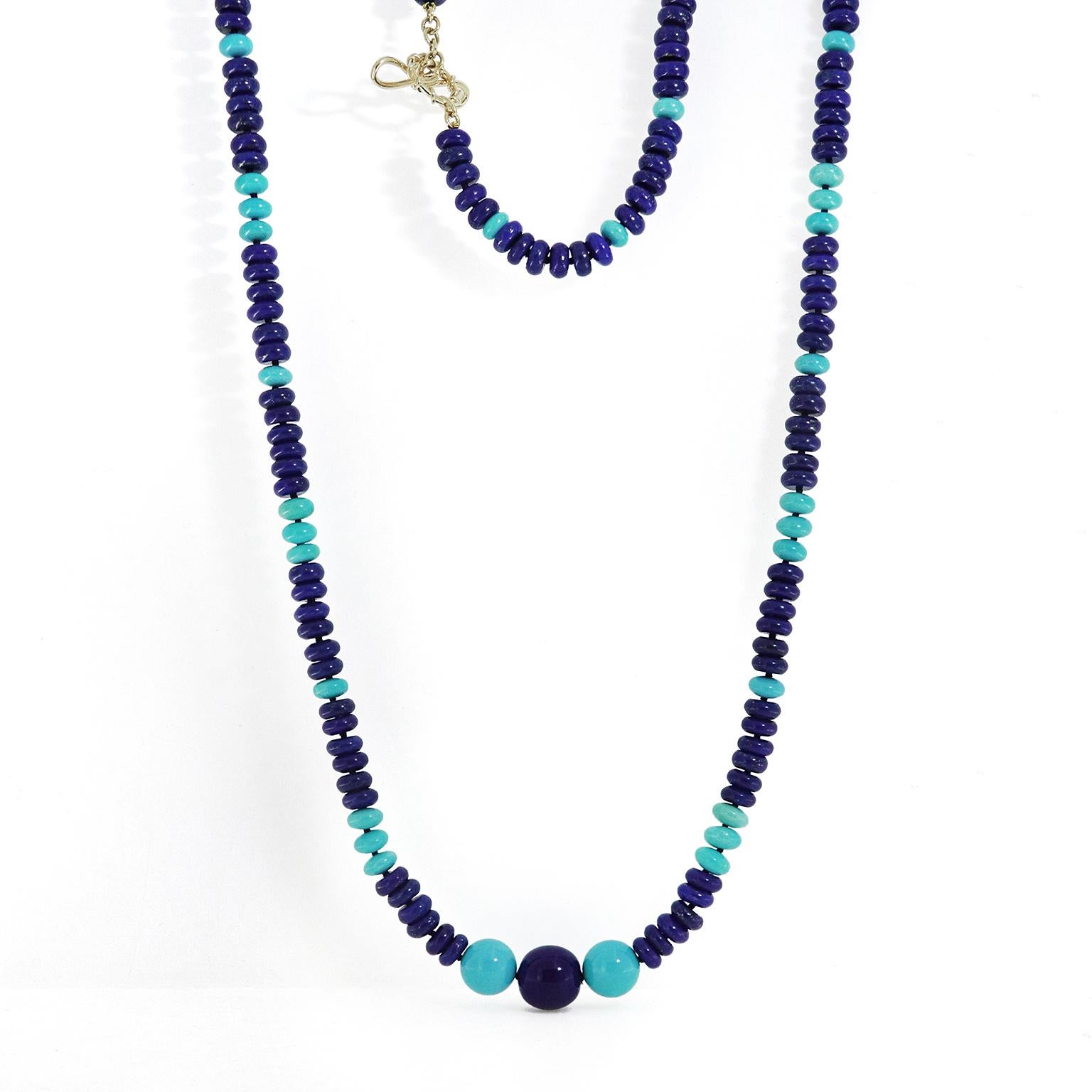 18K Yellow Gold Lapis and Turquoise Rondelle Bead Necklace In New Condition For Sale In New York, NY