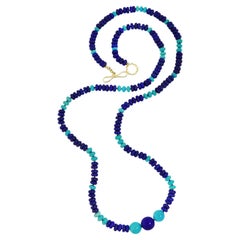 18K Yellow Gold Lapis and Turquoise Rondelle Bead Necklace