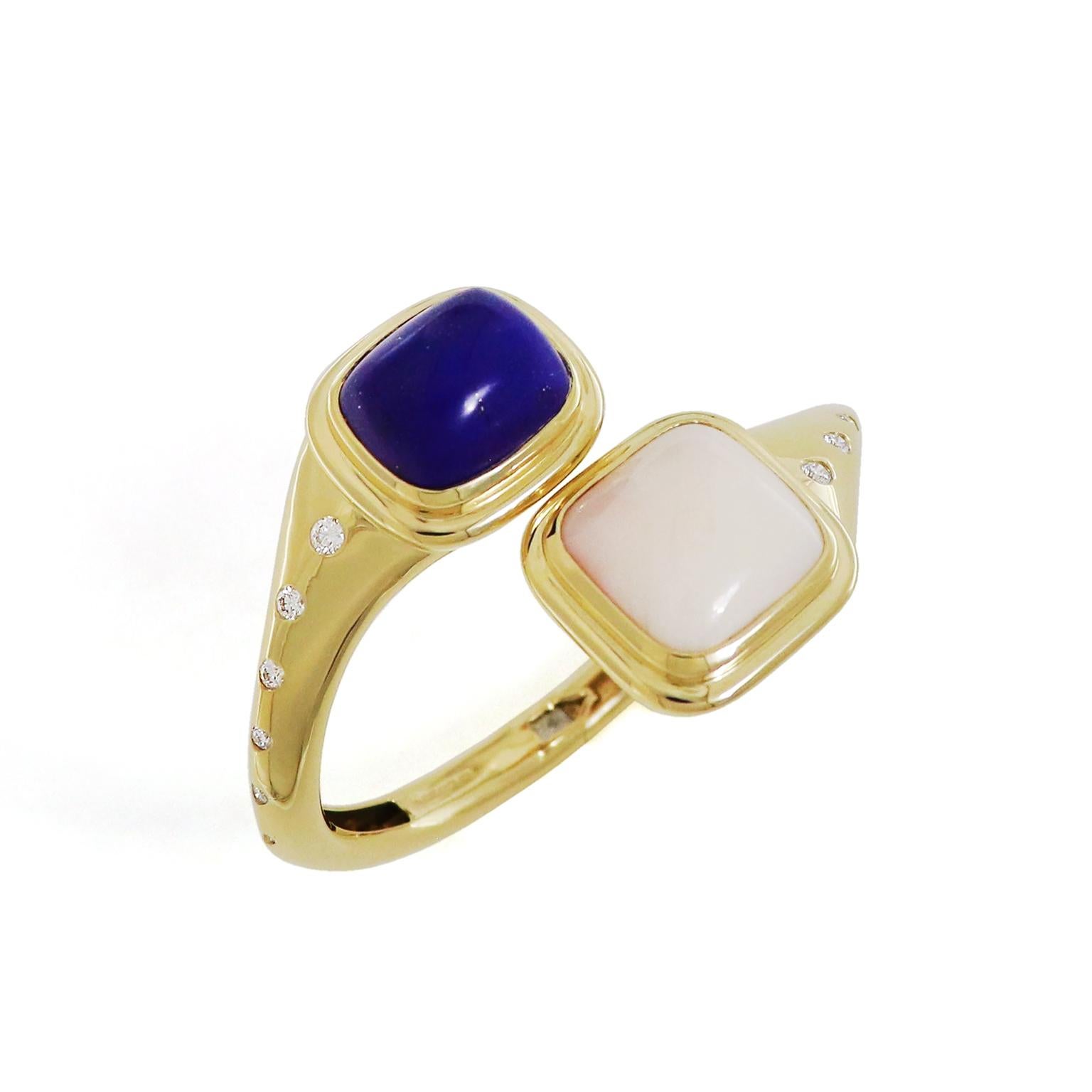 Cushion Cut 18K Yellow Gold Lapis and White Coral Bangle Bracelet with Diamond Accents For Sale