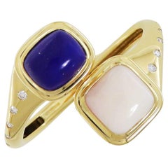 18K Yellow Gold Lapis and White Coral Bangle Bracelet with Diamond Accents