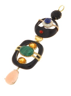 Ciondolo in oro giallo 18K con lapis e corallo e diamanti, onice e citrino, malachite