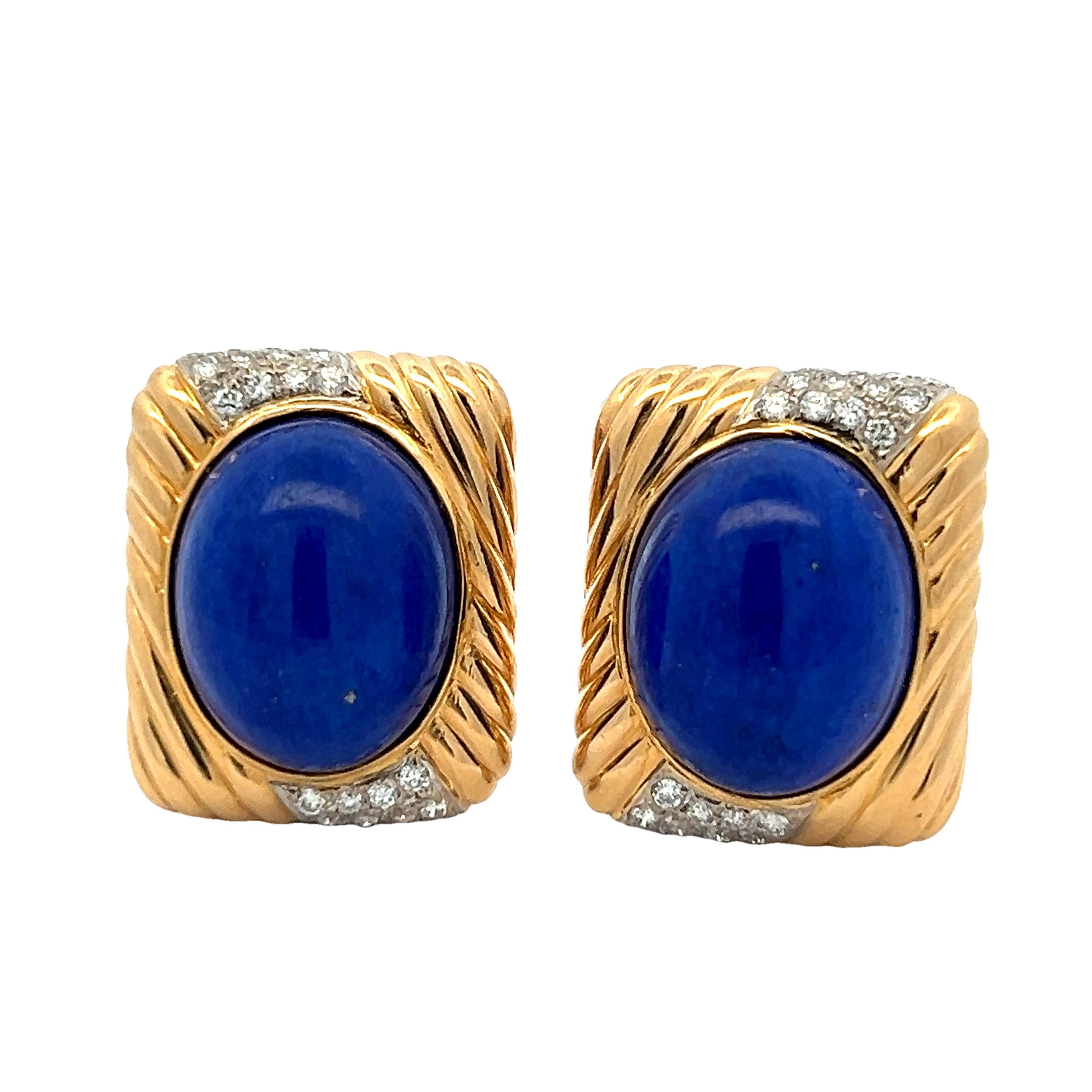 Boucles d'oreilles à pince en or jaune 18K, Lapis et diamants par Trio, Italie, années 1980 en vente 4