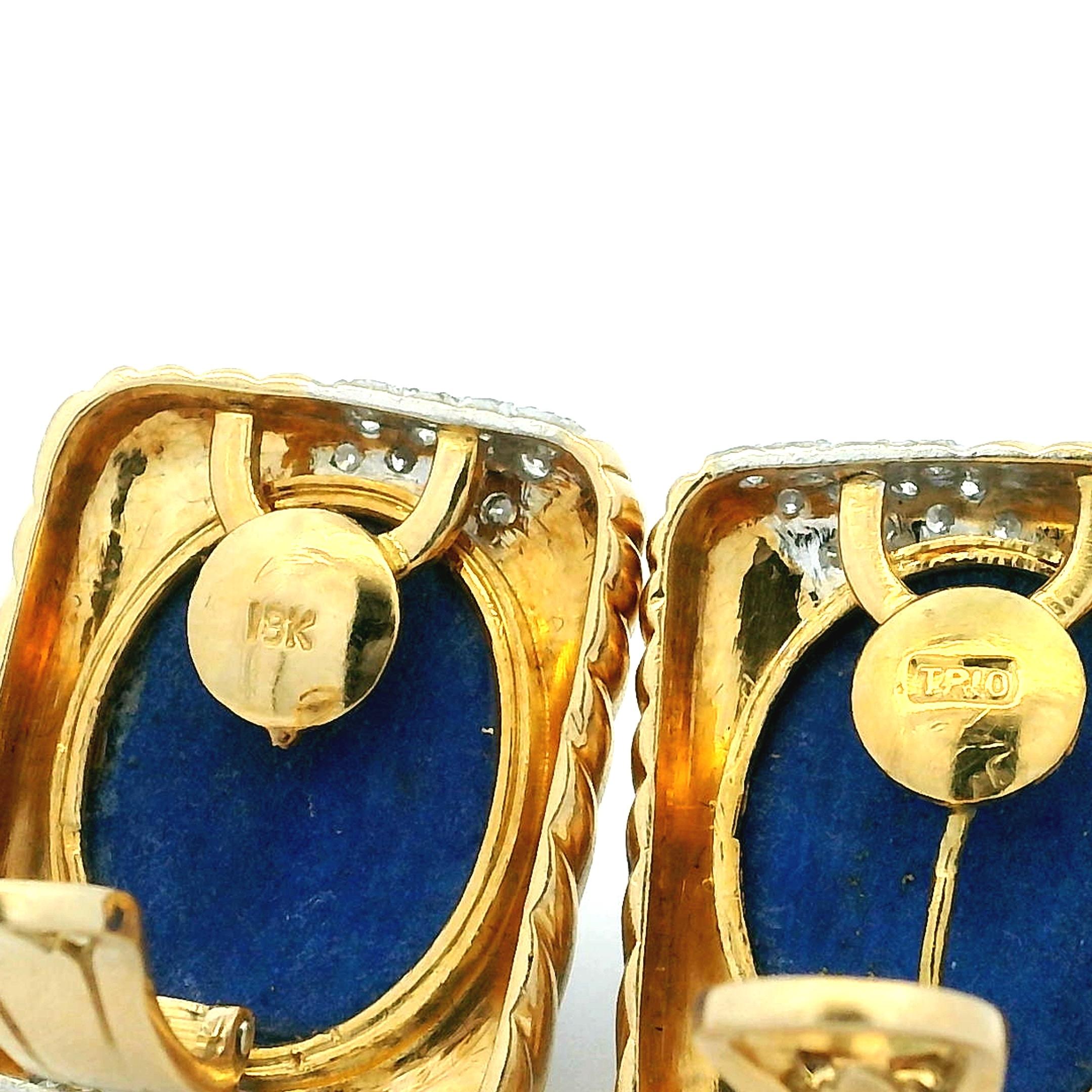 Boucles d'oreilles à pince en or jaune 18K, Lapis et diamants par Trio, Italie, années 1980 en vente 5