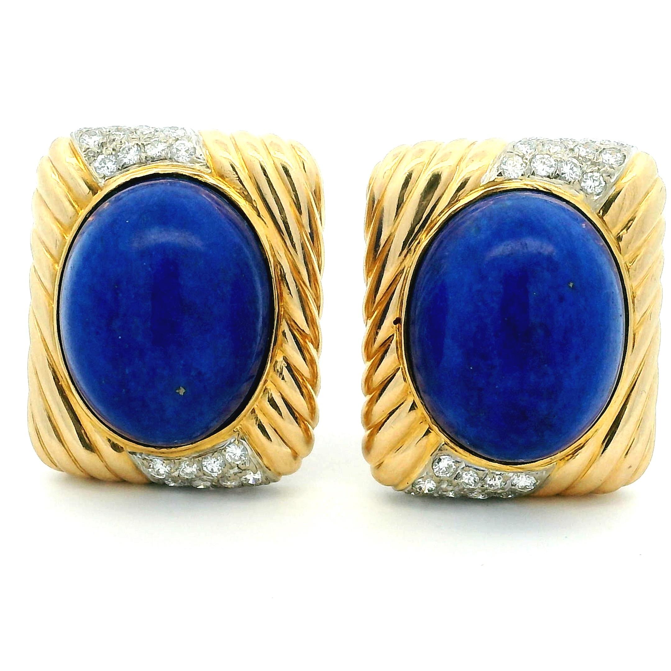 Boucles d'oreilles à pince en or jaune 18K, Lapis et diamants par Trio, Italie, années 1980 en vente 6