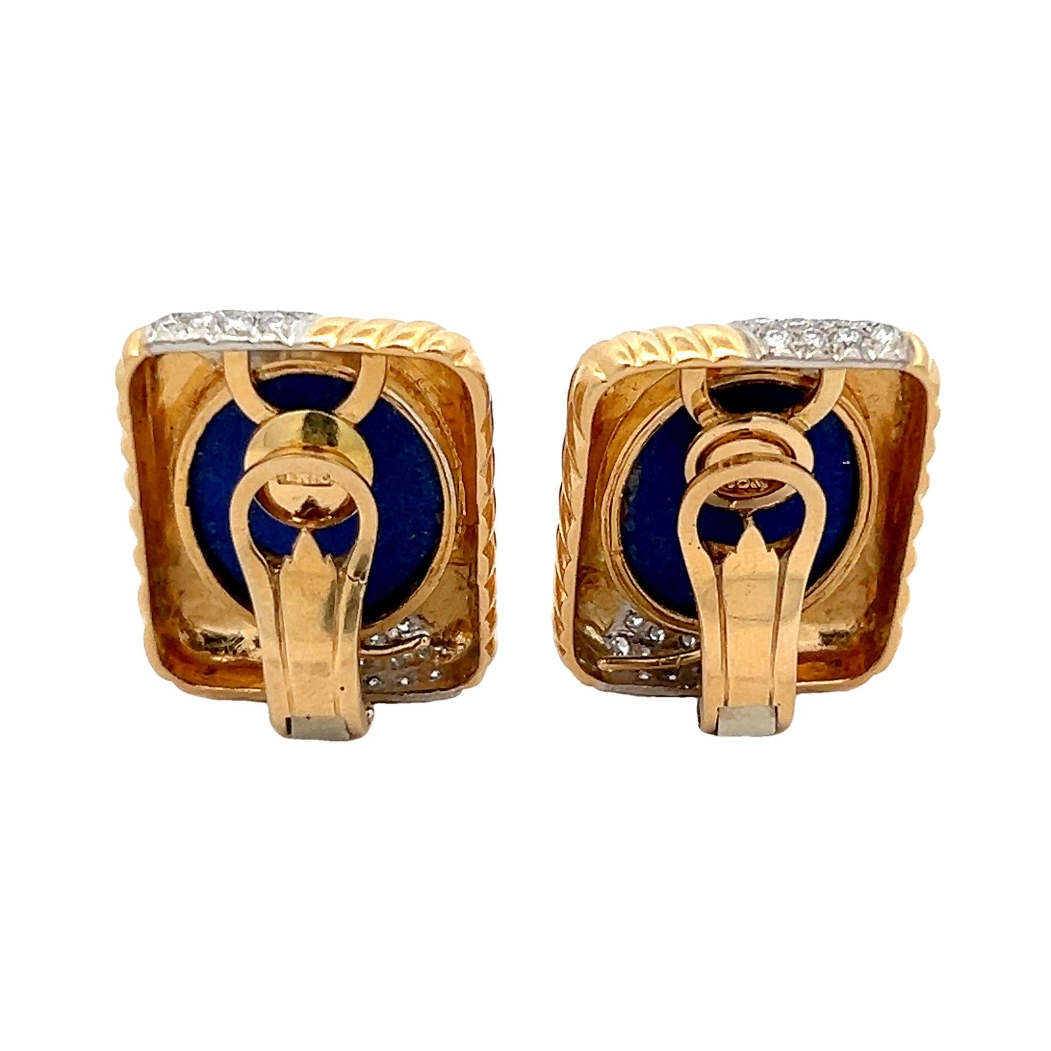 Taille ronde Boucles d'oreilles à pince en or jaune 18K, Lapis et diamants par Trio, Italie, années 1980 en vente