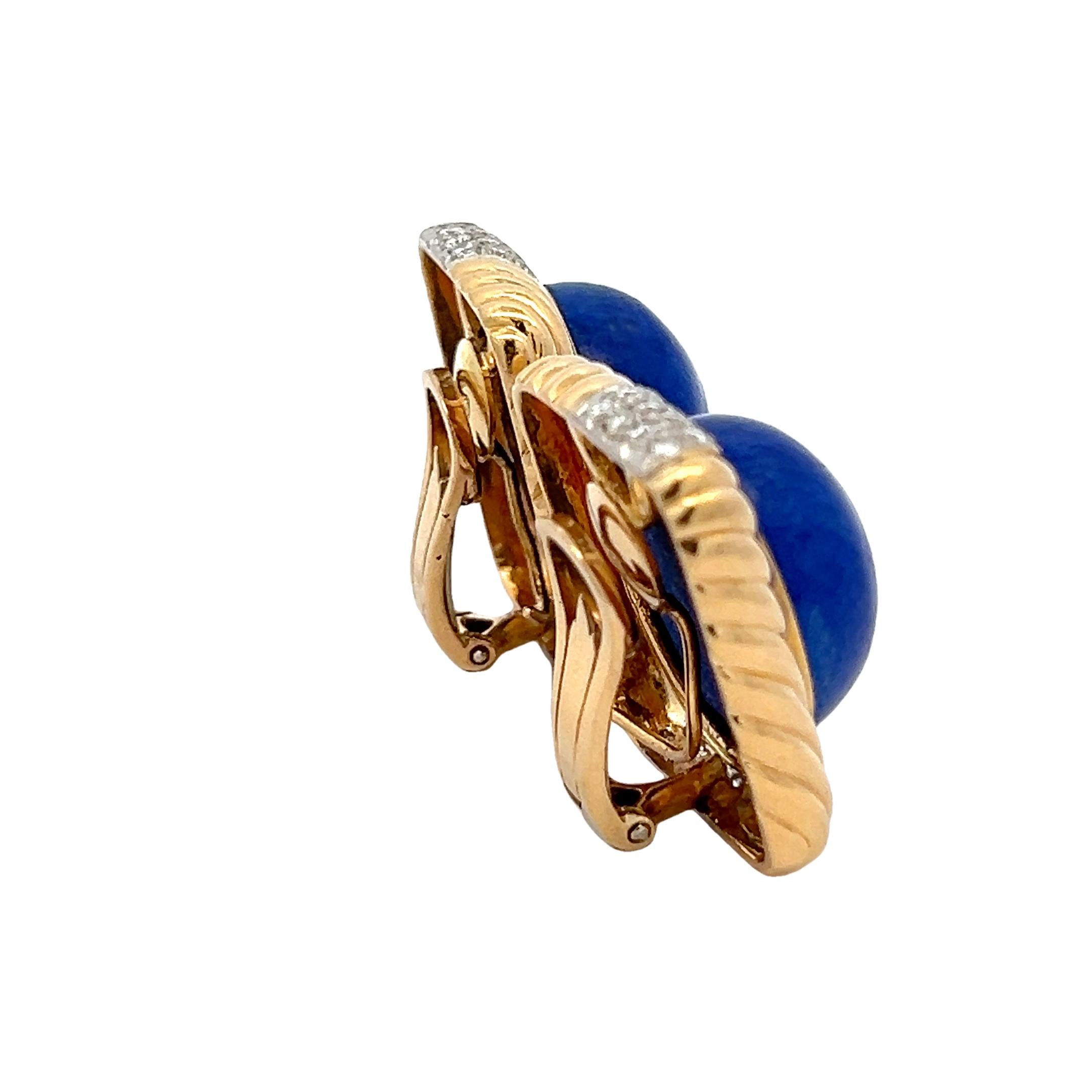 Boucles d'oreilles à pince en or jaune 18K, Lapis et diamants par Trio, Italie, années 1980 Excellent état - En vente à Miami, FL