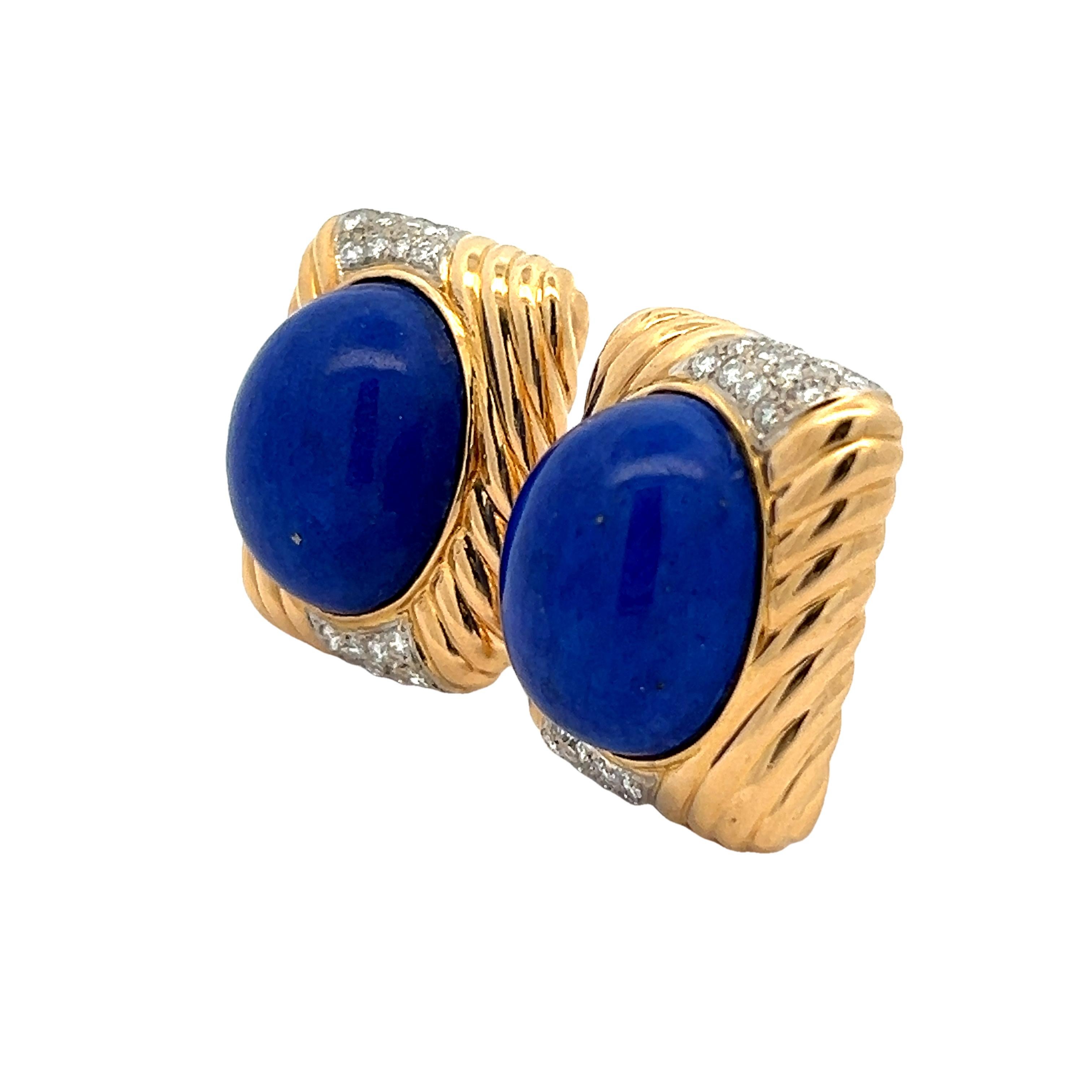 Boucles d'oreilles à pince en or jaune 18K, Lapis et diamants par Trio, Italie, années 1980 Unisexe en vente