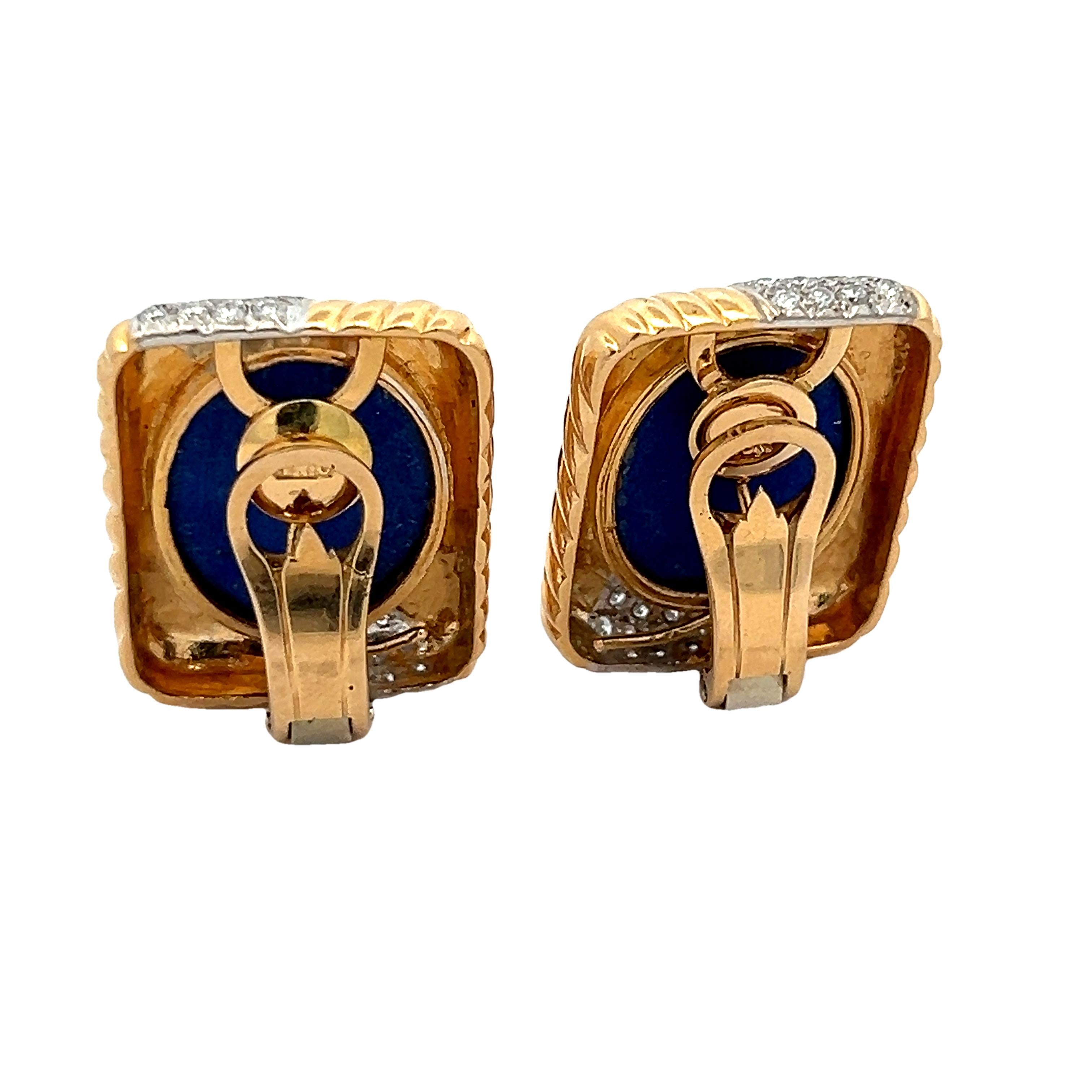 Boucles d'oreilles à pince en or jaune 18K, Lapis et diamants par Trio, Italie, années 1980 en vente 1