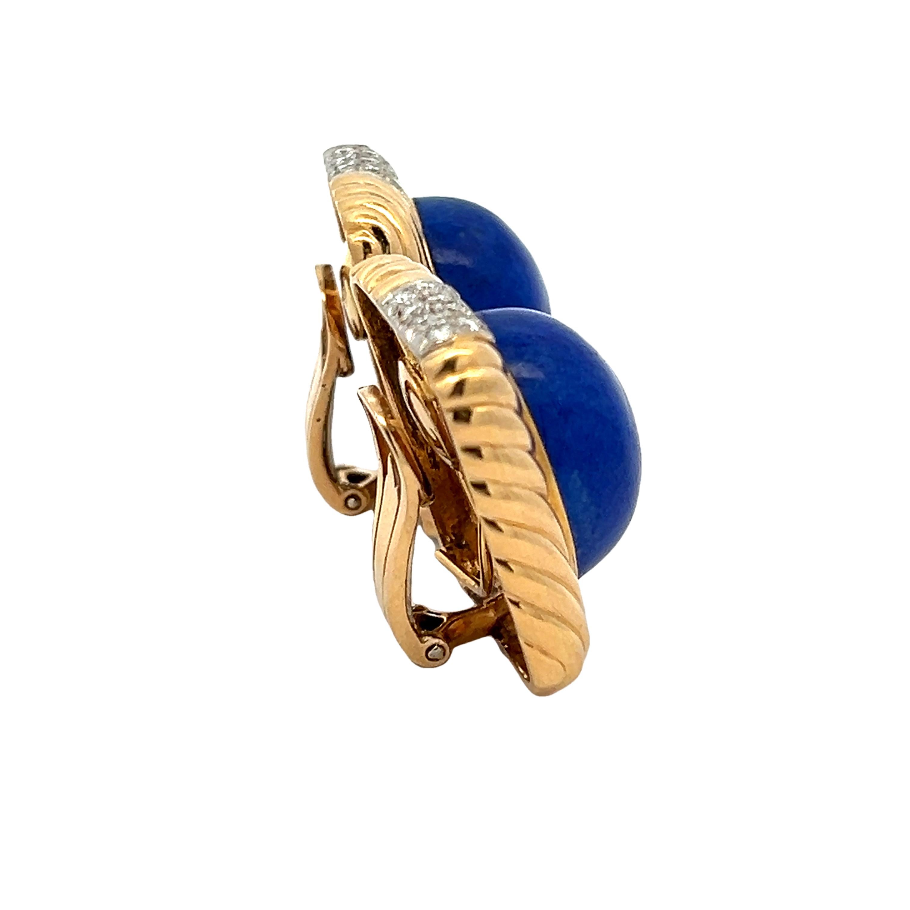 Boucles d'oreilles à pince en or jaune 18K, Lapis et diamants par Trio, Italie, années 1980 en vente 2