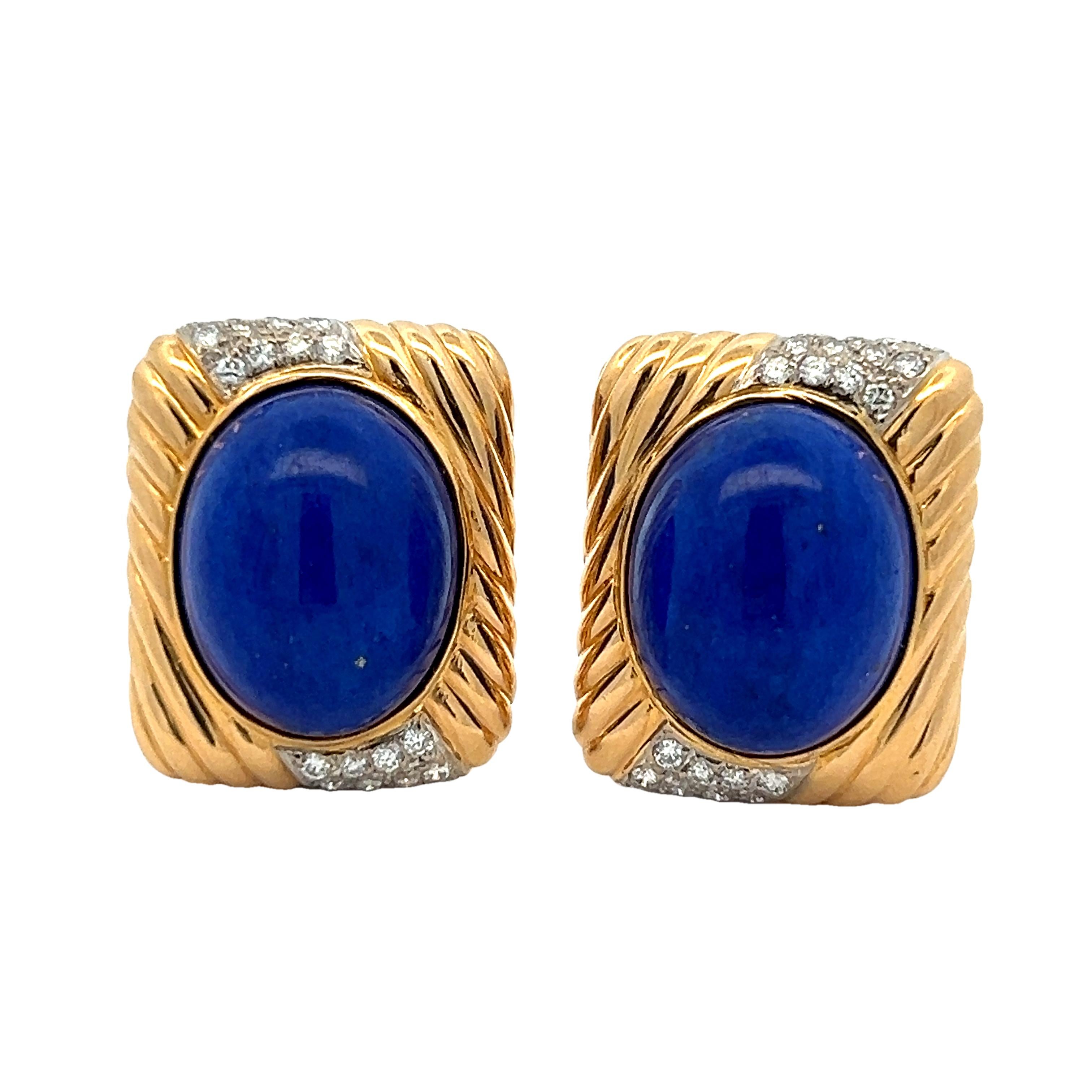 Boucles d'oreilles à pince en or jaune 18K, Lapis et diamants par Trio, Italie, années 1980 en vente 3