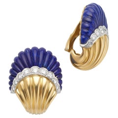 18k Yellow Gold Lapis & Diamond Scallop Clip Earrings