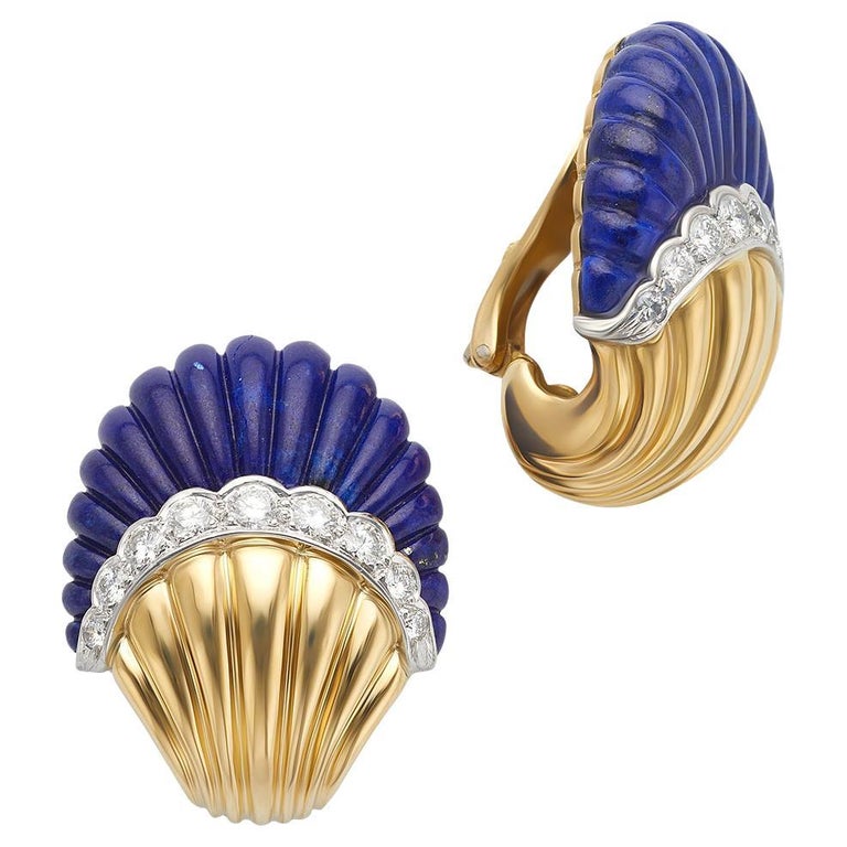 18k Yellow Gold Lapis and Diamond Scallop Clip Earrings at 1stDibs