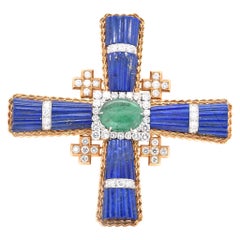 18k Yellow Gold Lapis, Emerald, & Diamond South Western Sun Cross Pin / Pendant
