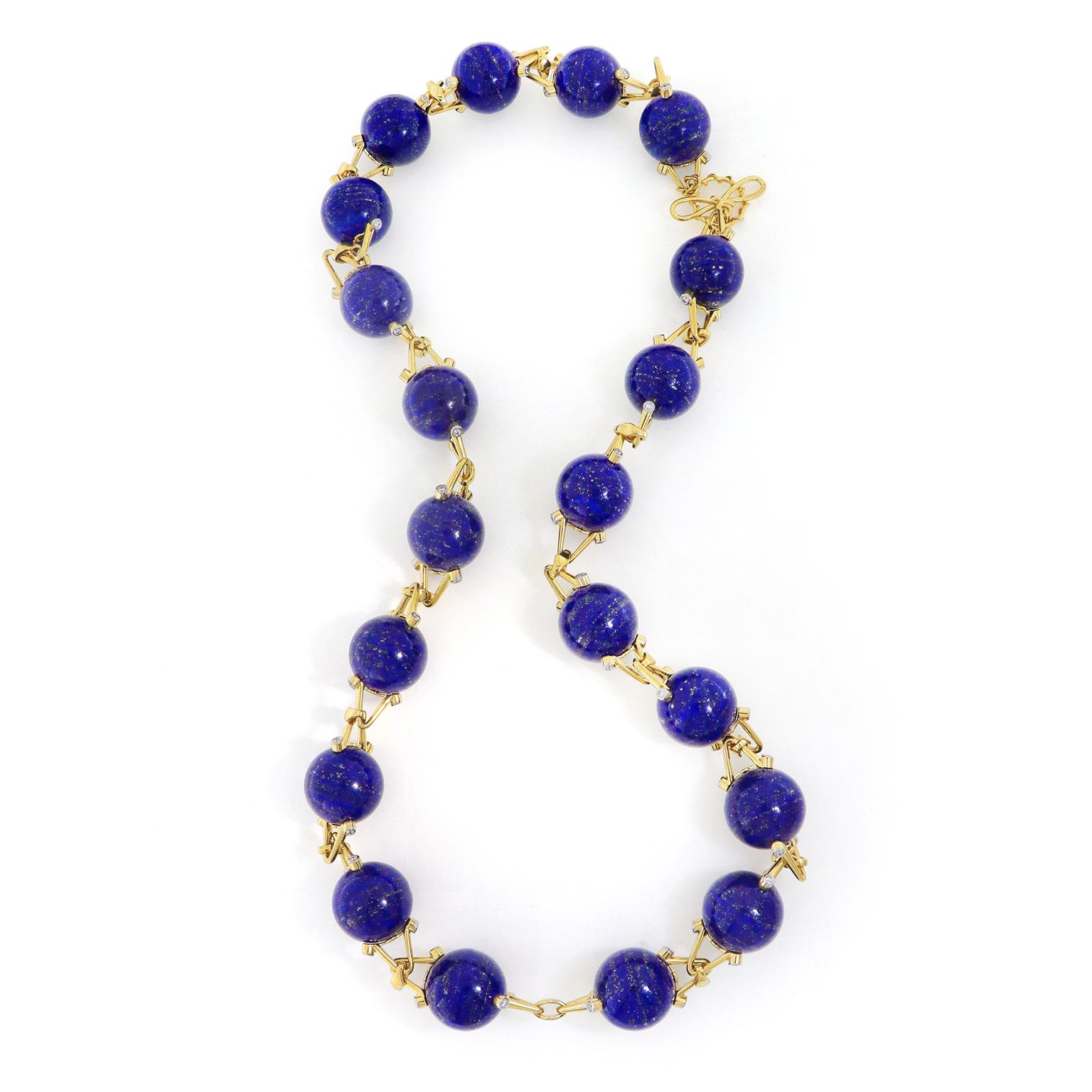 18K Yellow Gold Lapis Gumball and Diamond Necklace In New Condition For Sale In New York, NY