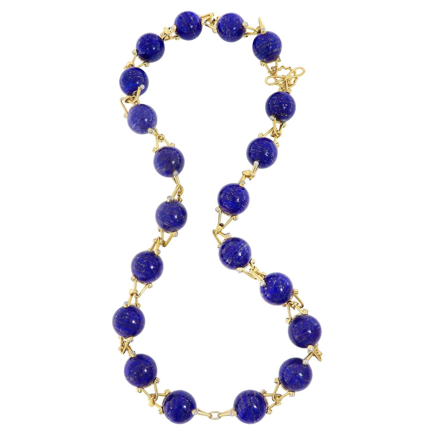 18K Yellow Gold Lapis Gumball and Diamond Necklace