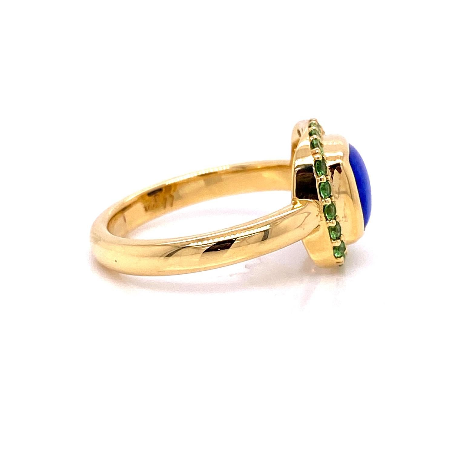 Contemporary 18 Karat Yellow Gold Lapis Lazuli and Tsavorite Garnet Halo Ring