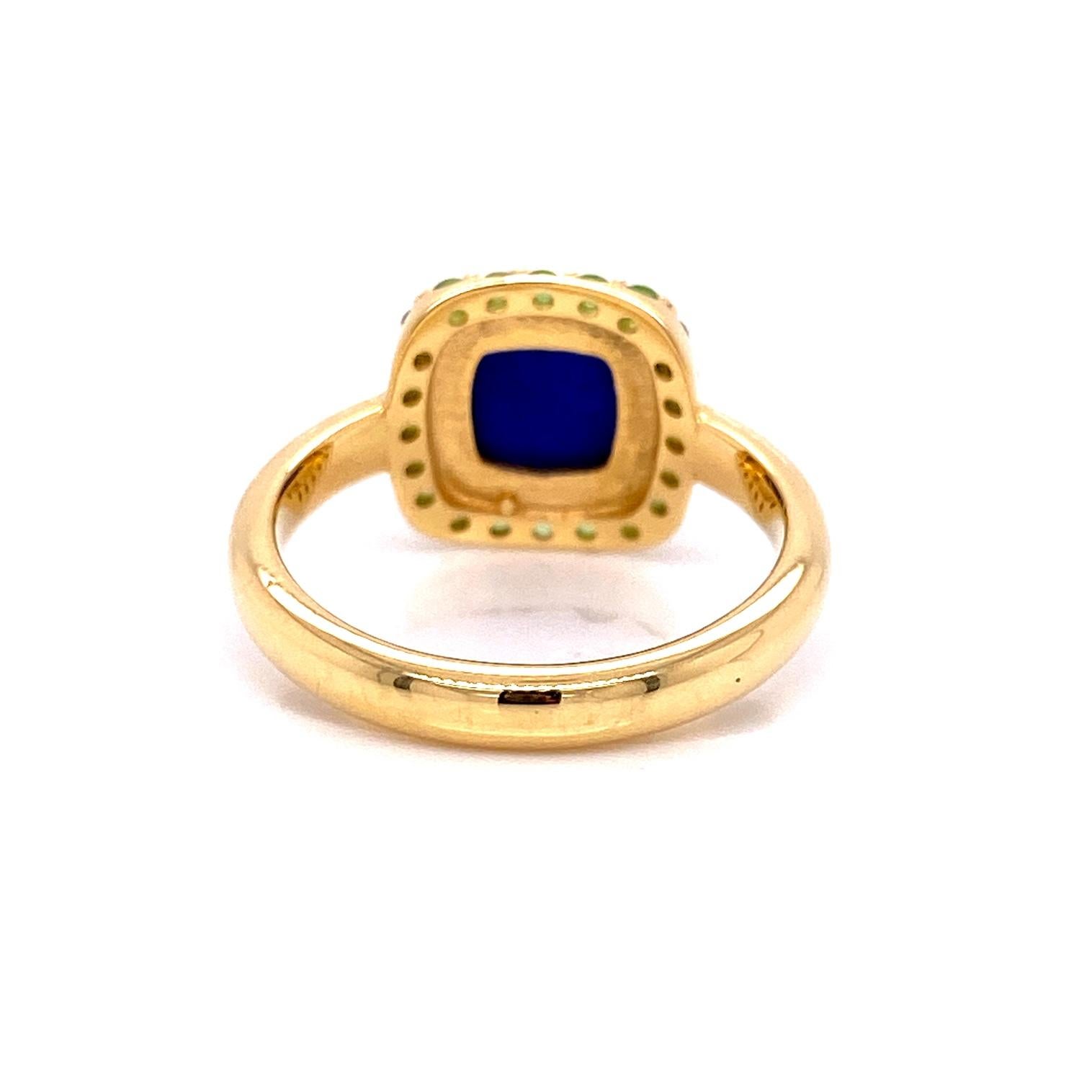 Cushion Cut 18 Karat Yellow Gold Lapis Lazuli and Tsavorite Garnet Halo Ring