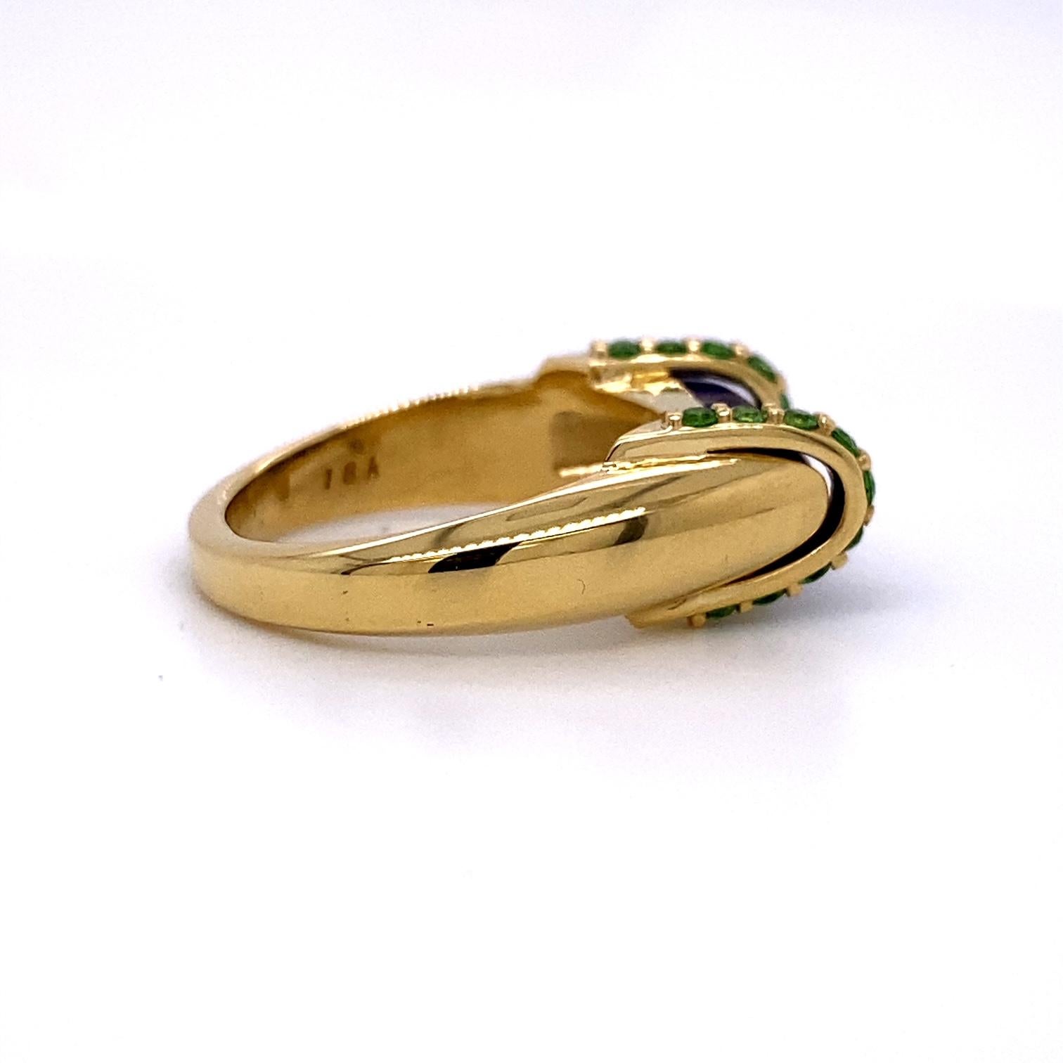 Contemporary 18 Karat Yellow Gold Lapis Lazuli and Tsavorite Garnet Ring For Sale