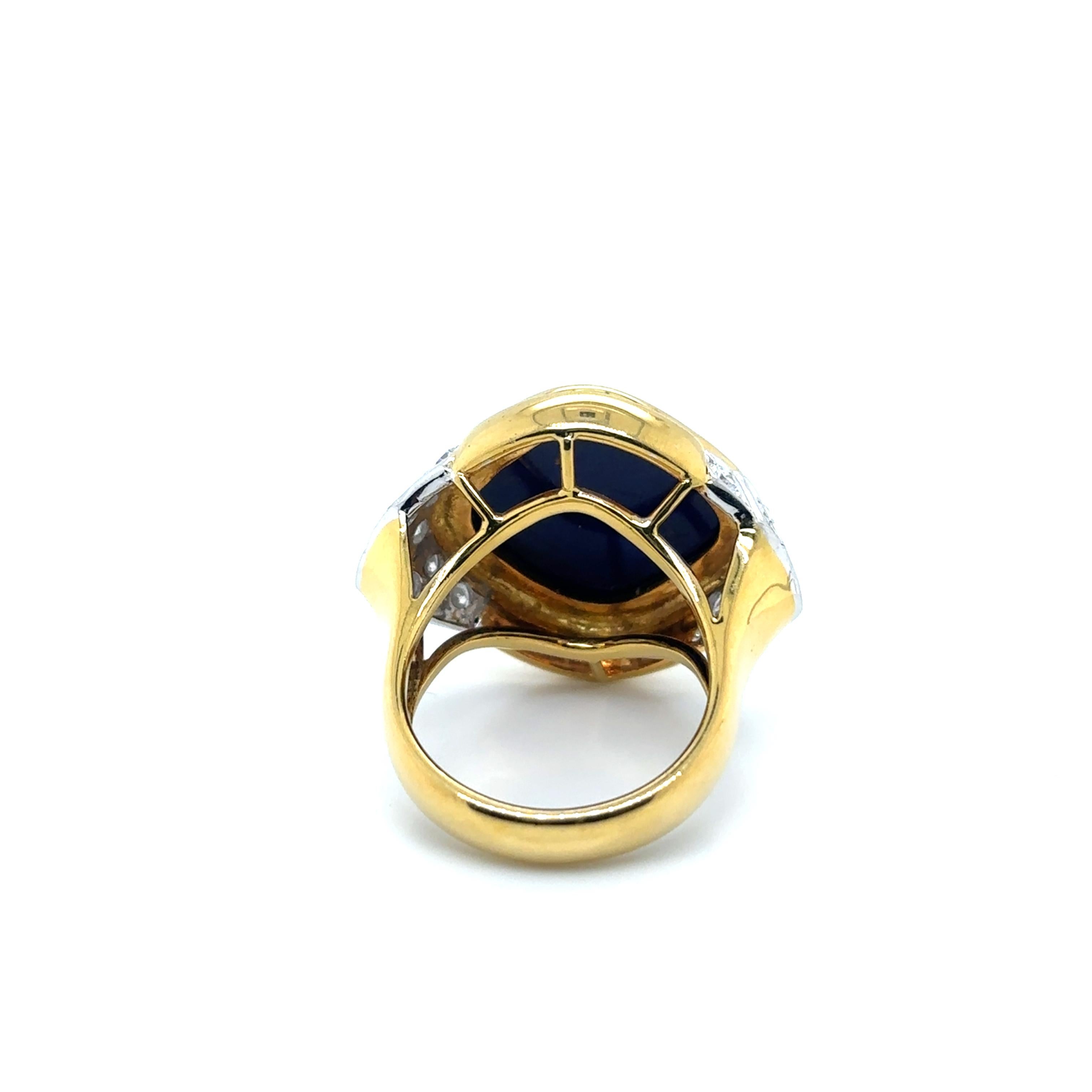 Taille baguette Bague de fiançailles en or jaune 18k Lapis Lazuli Diamant Cts 0.79 en vente