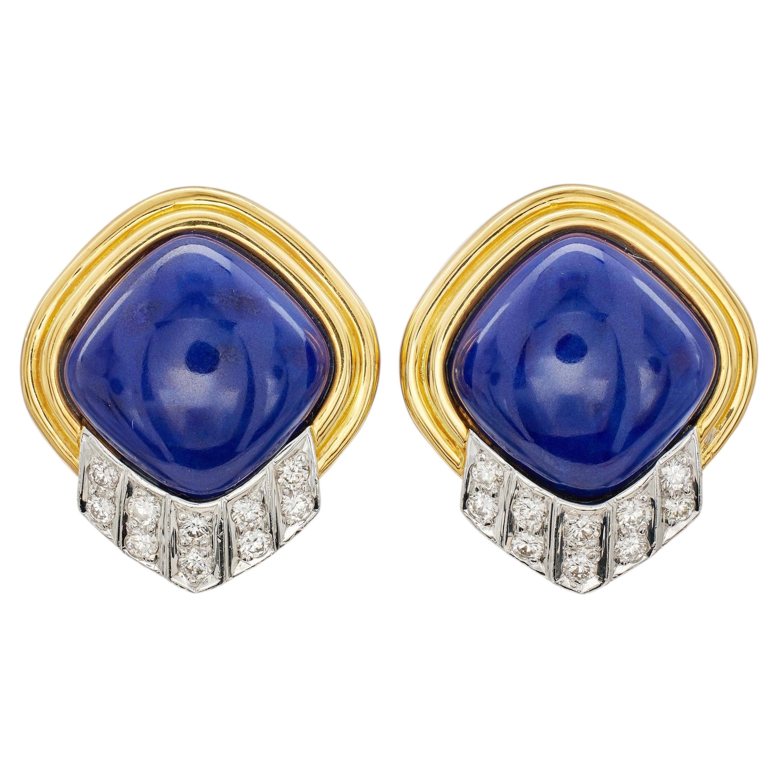 18k Yellow Gold Lapis Lazuli Diamond Earclips