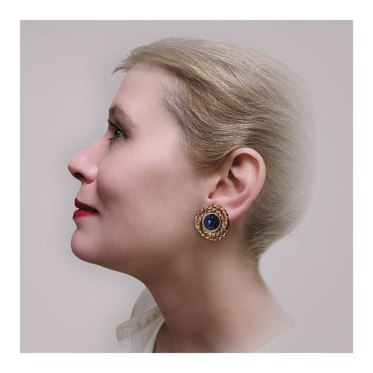 Boucles D'oreilles En Or Jaune 18K Avec Pierres De Lapis-lazuli - Occasion - Style Boucle