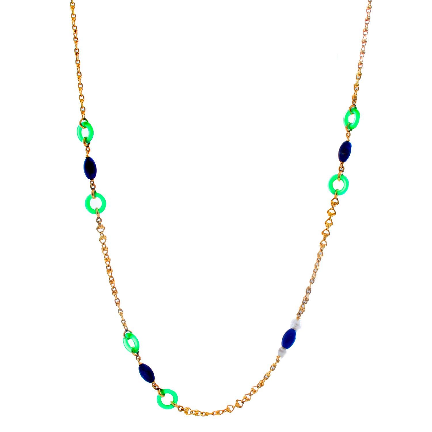 18K Yellow Gold Lapis Lazuli, Pearl and Green Stone Necklace  - 18K Yellow gold 24 inch necklace. Hoop green stone, elongated Lapis Lazuli and a peal bead. Total weight 75.3 grams. Perfect as a double over necklace. 