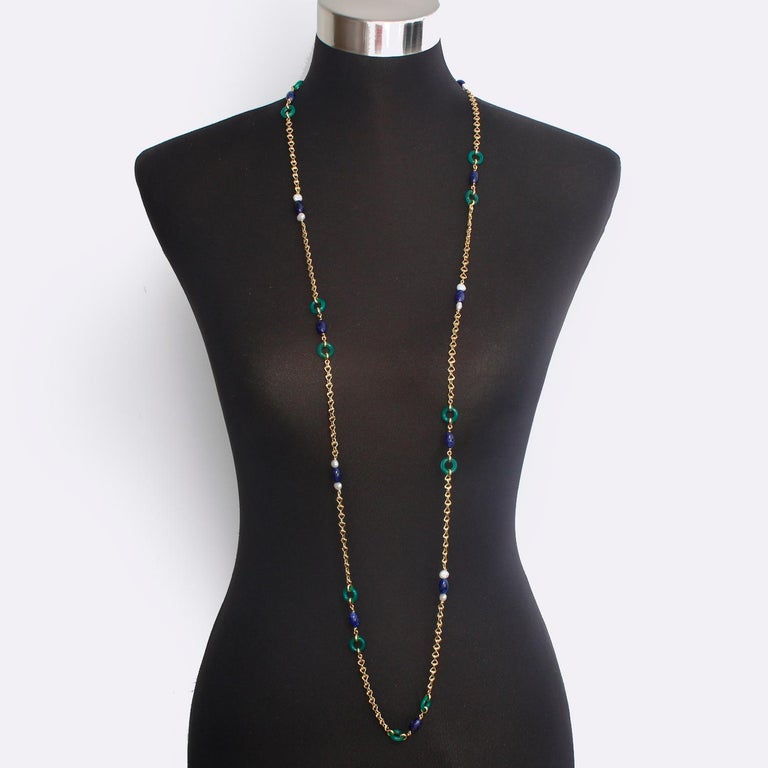 18 Karat Yellow Gold Lapis Lazuli, Pearl and Green Stone Necklace For ...