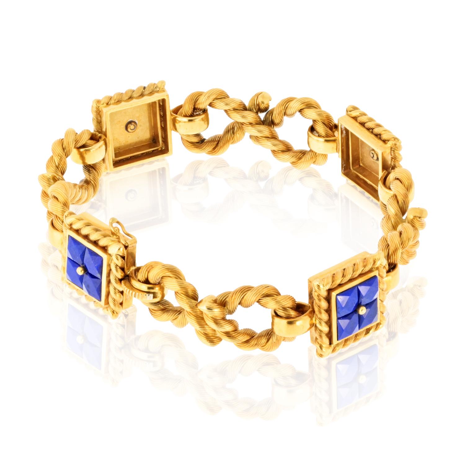 Moderne Bracelet en or jaune 18K Lapis Rope Link 7 pouces en vente