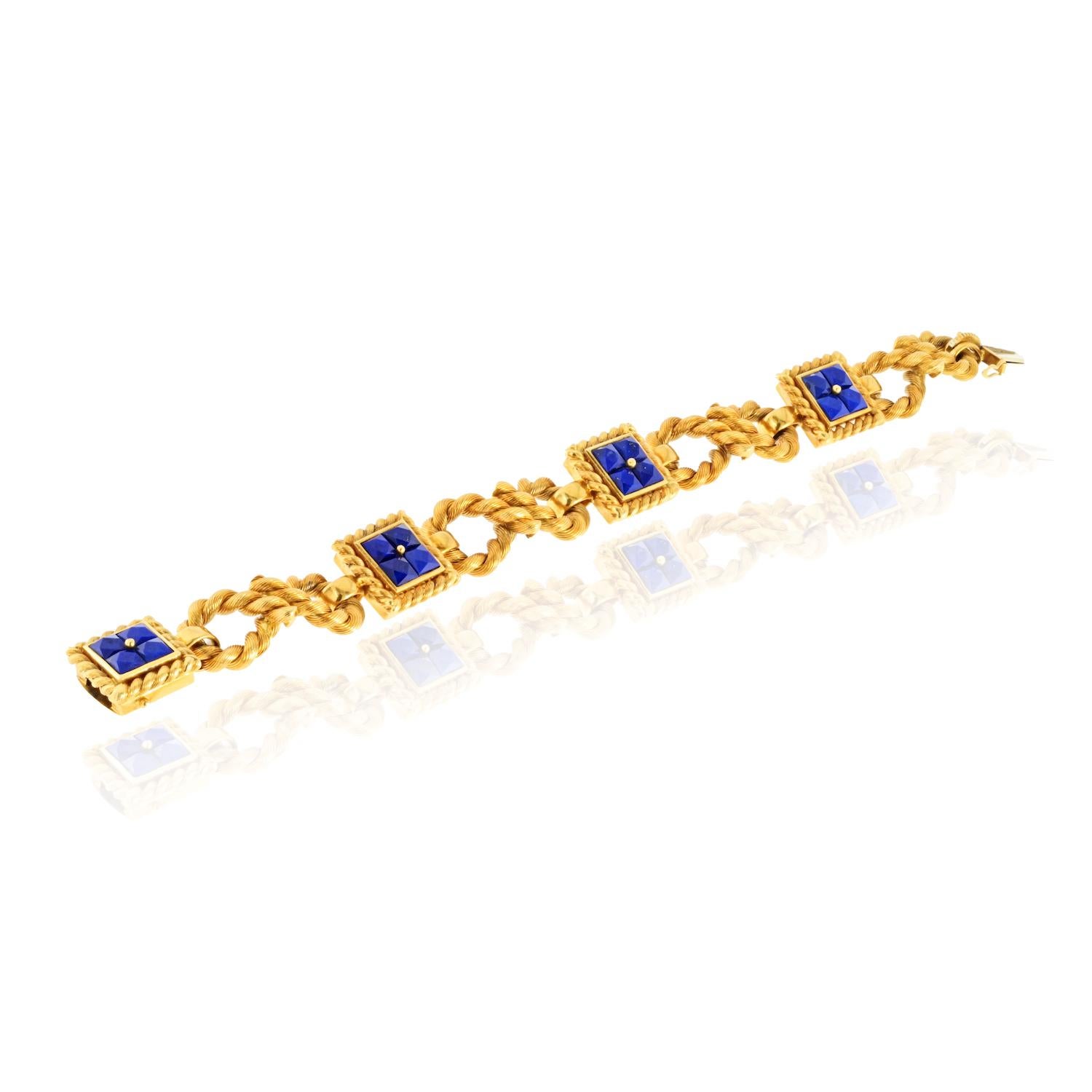 Taille carrée Bracelet en or jaune 18K Lapis Rope Link 7 pouces en vente