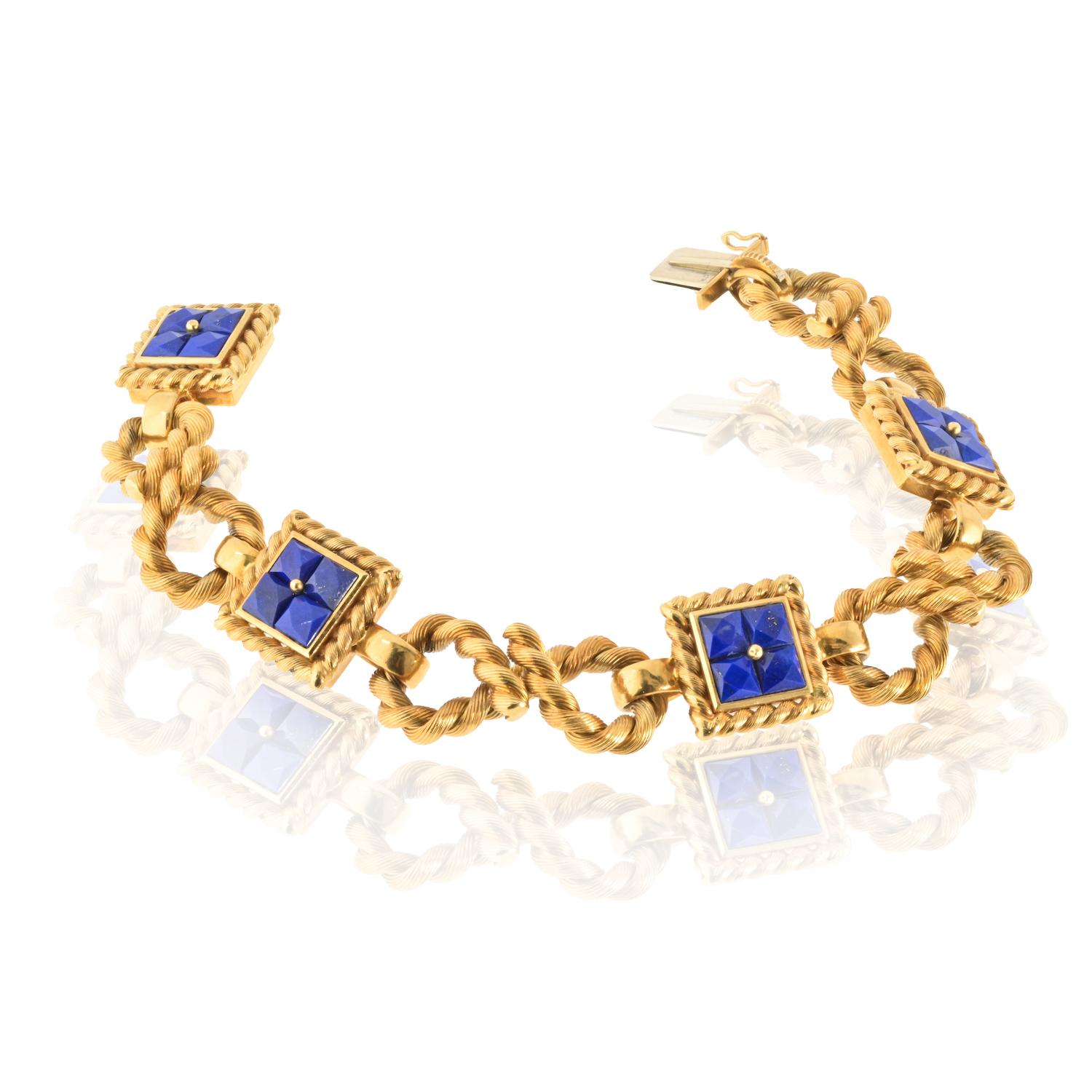 Bracelet en or jaune 18K Lapis Rope Link 7 pouces Excellent état - En vente à New York, NY