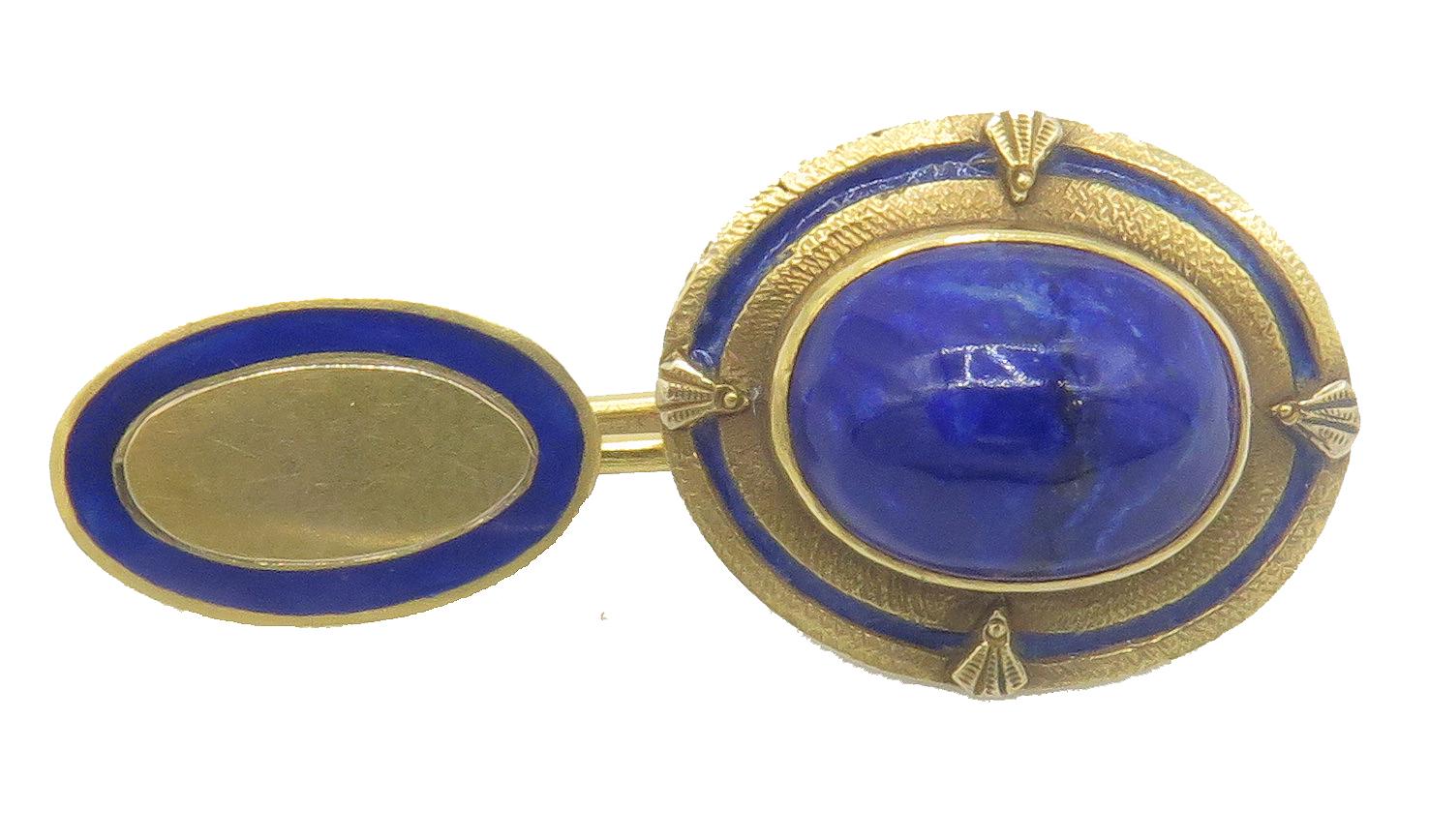 Round Cut 18 Karat Yellow Gold Lapiz and Enamel Cufflinks