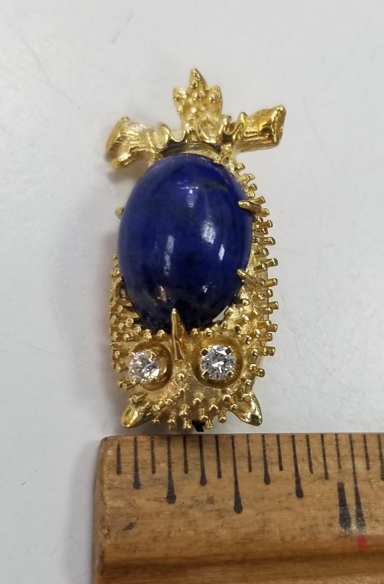 18K Yellow Gold Lapis Lazuli Owl Diamond Brooch In Excellent Condition In Los Angeles, CA