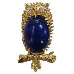 Vintage 18K Yellow Gold Lapis Lazuli Owl Diamond Brooch