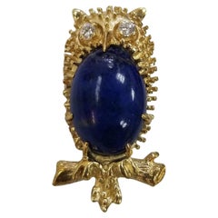 18 Karat Gelbgold Lapislazuli Eule Diamant-Brosche