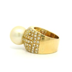 18k Yellow Gold Large 12.8mm Golden Pearl w/ Mosaic Pave Diamond Wide Ring