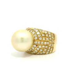 18k Gelbgold große 12,8mm goldene Perle w / Mosaik Pave Diamond Wide Ring