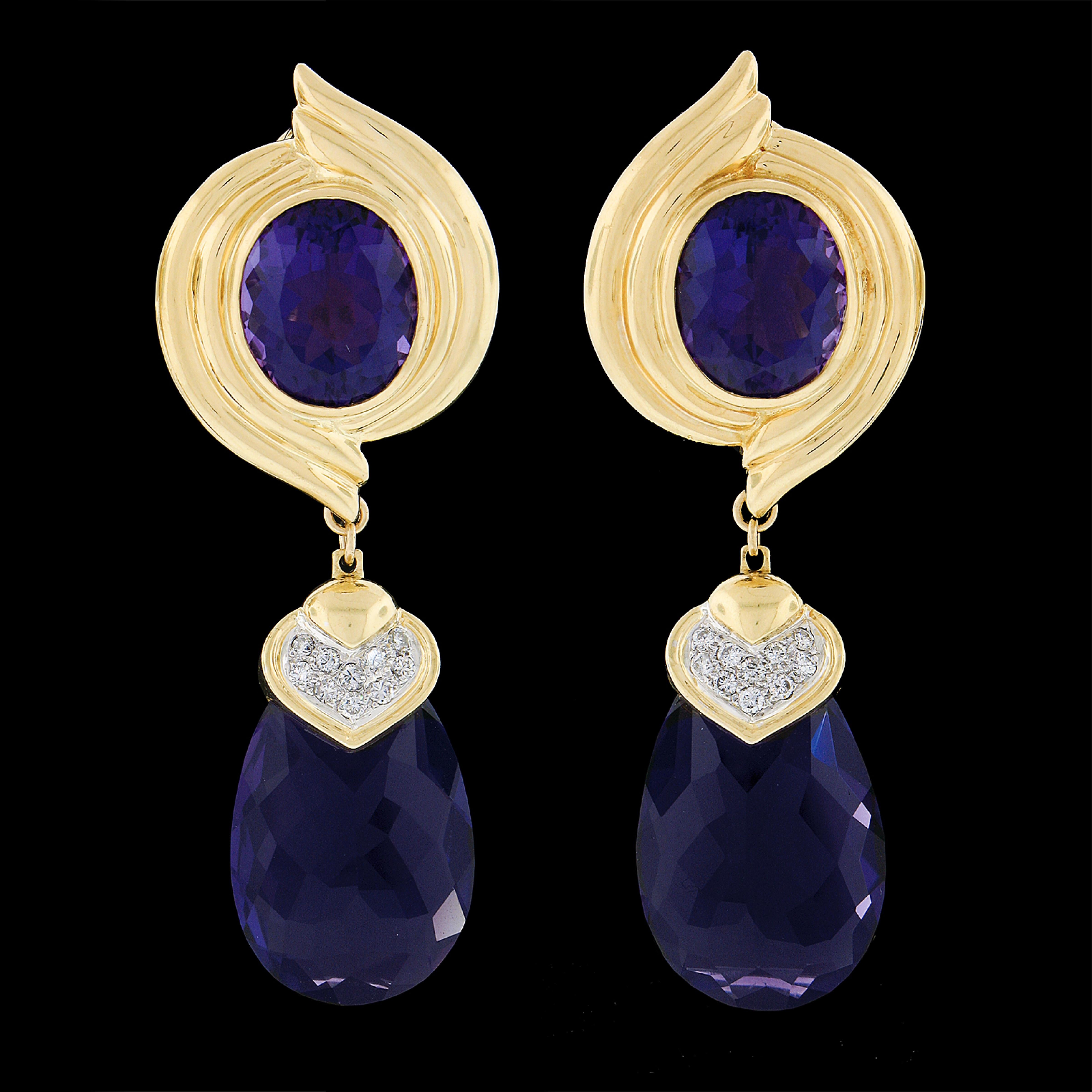 18K Yellow Gold Large Amethyst & Diamond Drop Dangle Enhancer Day Night Earrings In Good Condition For Sale In Montclair, NJ