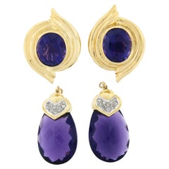 18 Karat Gelbgold Großer Amethyst & Diamant Tropfen-Ohrhänger Enhancer Tag-Nacht-Ohrringe